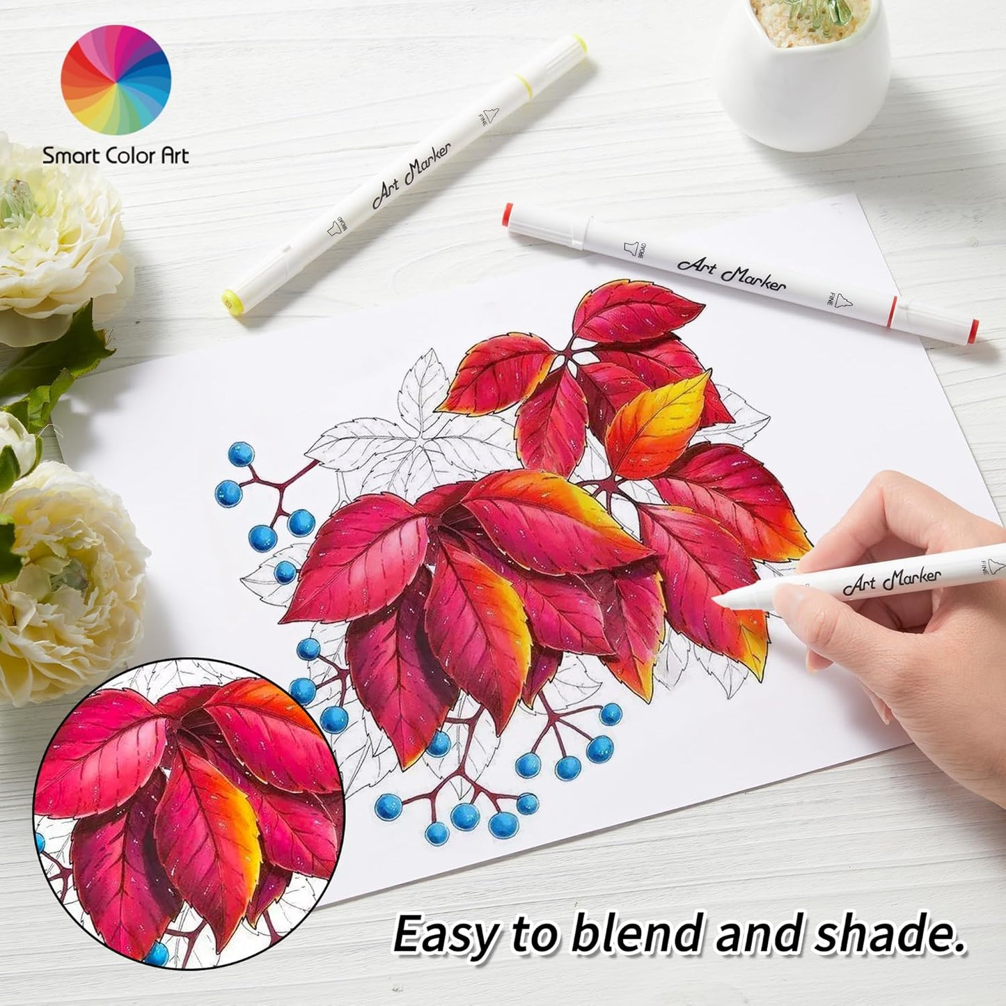 ChicRosa Art Markers, 65 Coloring Markers and 1 Blender, 66 Pack Alcohol Based Dual Tip Permanent Markers Highlighters with Case, Excellent for Adults Kids Coloring Marking Drawing Sketching (Black)