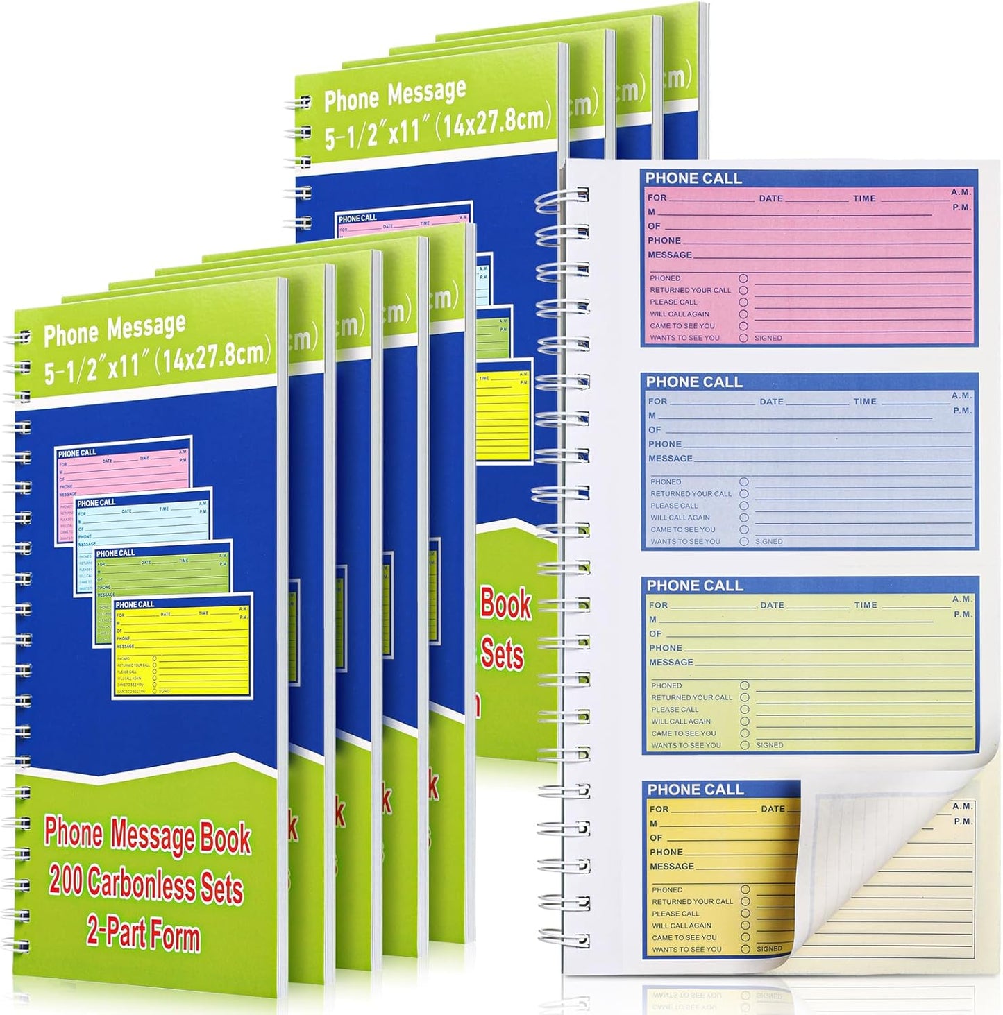 Sinmoe 10 Pcs Spiral Bound Phone Message Book with Carbon Copy 5-1/2" x 11" 2 Part Colorful Carbonless Telephone Message Pads Duplicate Spiral Phone Call Log Book for Business Office (Green,Blue)