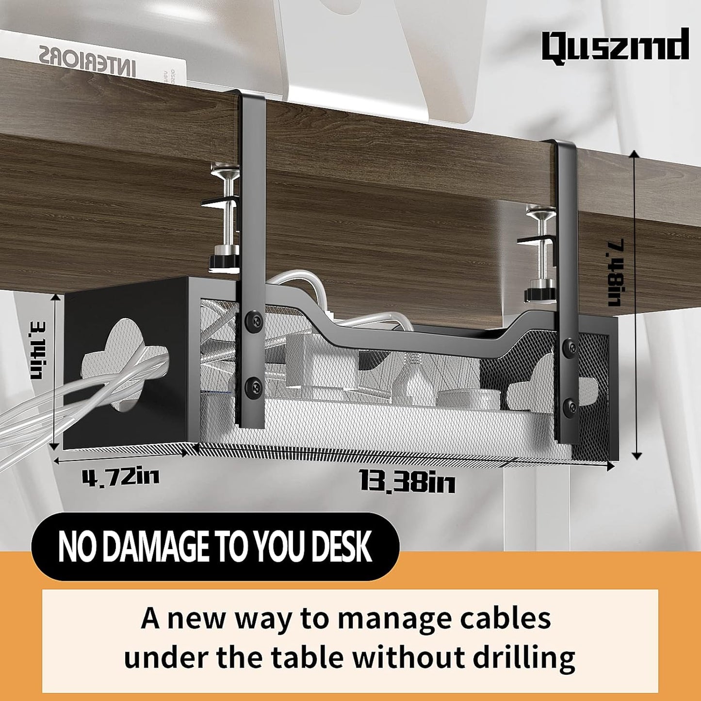 Under Desk Cable Management Tray 13.38", Quszmd Cable Organizer No Drill, Standing Cord Organizer and Wire Management Tray - No Damage to Desk, Black