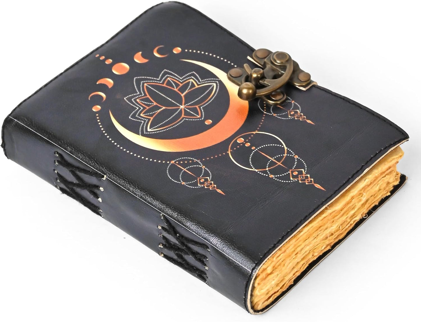 Blank Spell Book of Shadows Leather Journal with Vintage Clasp Lock – Crescent Moon Diary with 200 Page Antique Deckle Edge Paper – Wiccan Prayer Journal, Aesthetic Gift for Men & Women