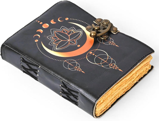 Blank Spell Book of Shadows Leather Journal with Vintage Clasp Lock – Crescent Moon Diary with 200 Page Antique Deckle Edge Paper – Wiccan Prayer Journal, Aesthetic Gift for Men & Women