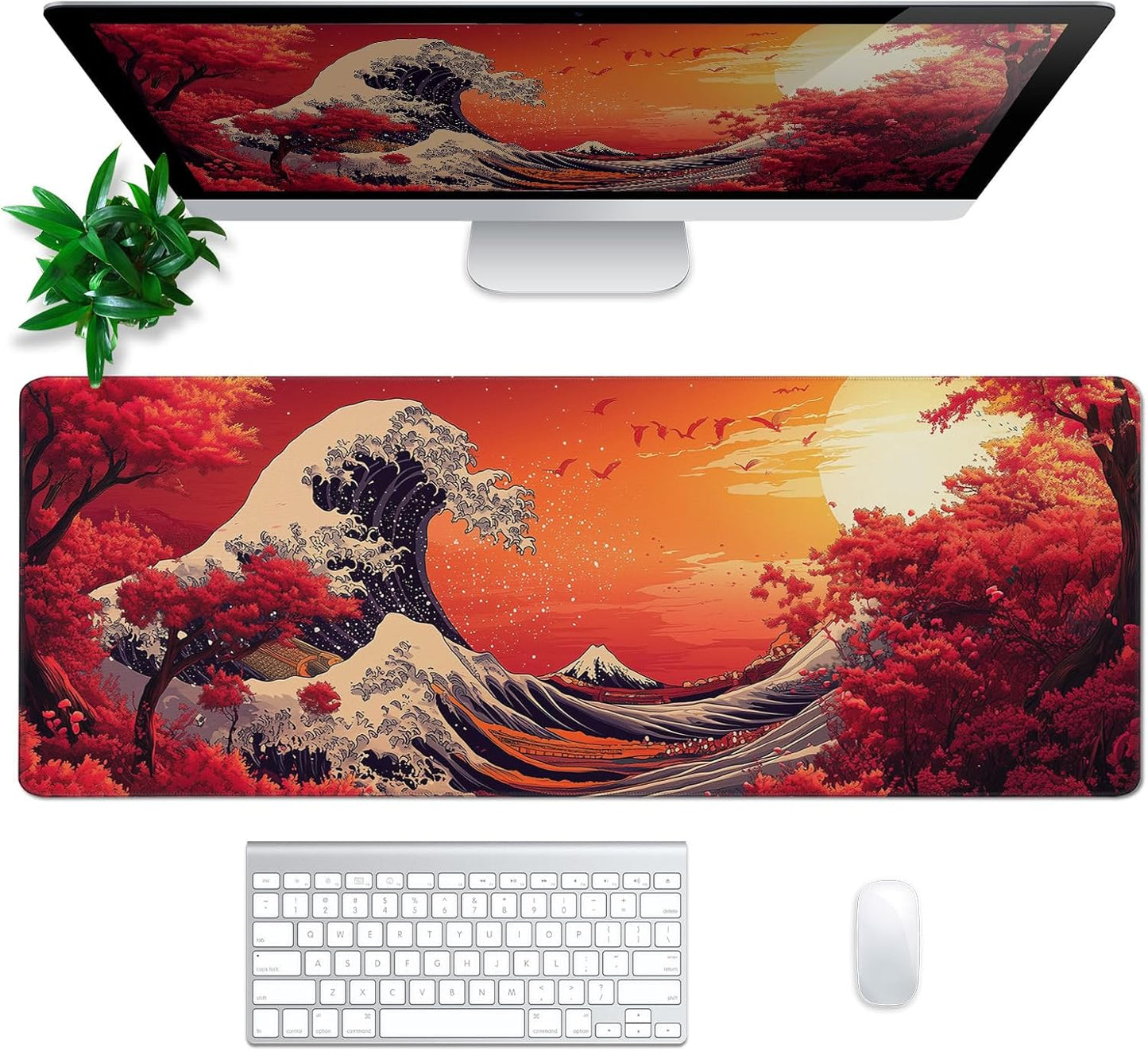 Red Japanese Sea Wave Mouse Pad Abstract Red Mouse Pad 31.5x11.8 Inch Texture Non-Slip Rubber Base Large Mousepad Stitched Edges Keyboard Mouse Mat Desk Pad for Office and Home