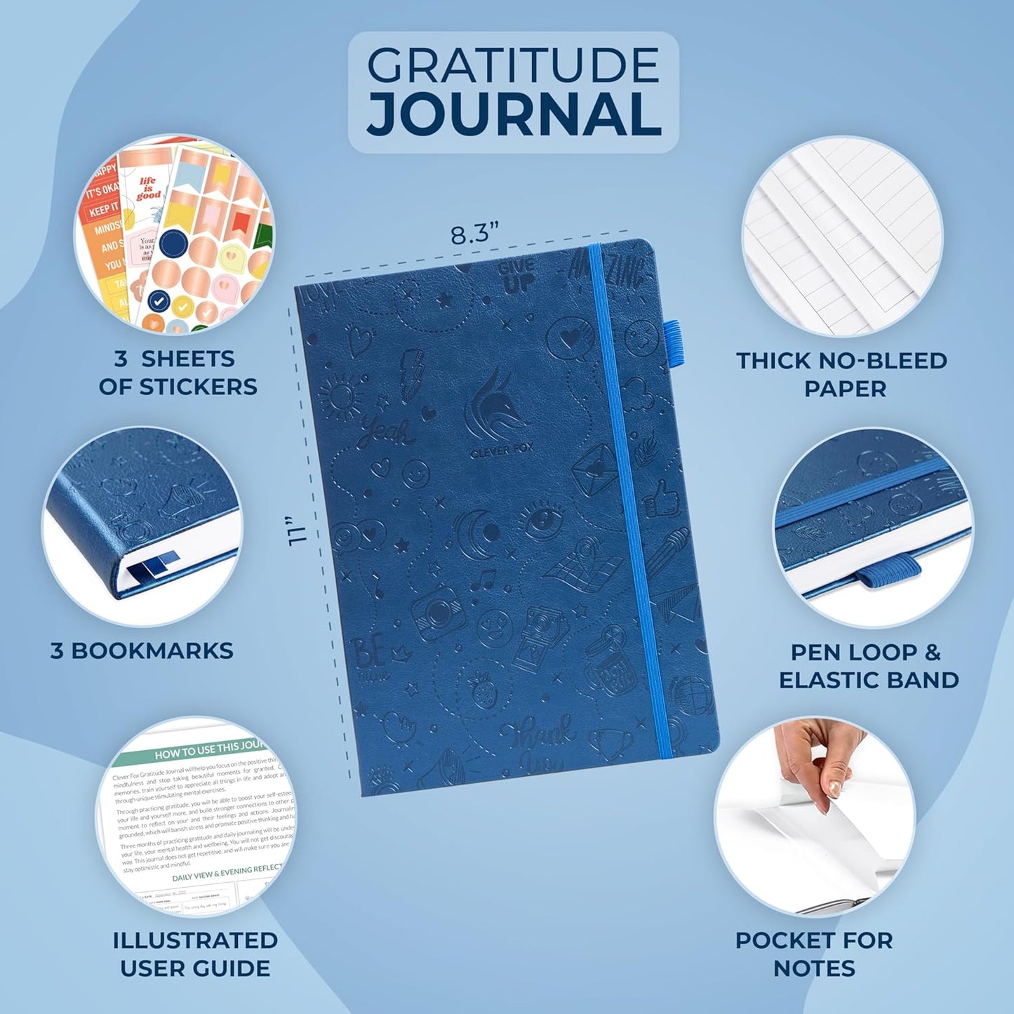 Clever Fox Gratitude Journal Large – Happiness, Positivity & Affirmation Journal – Inspirational Daily Notebook, 3 Months, 8.3x11” (Mystic Blue)