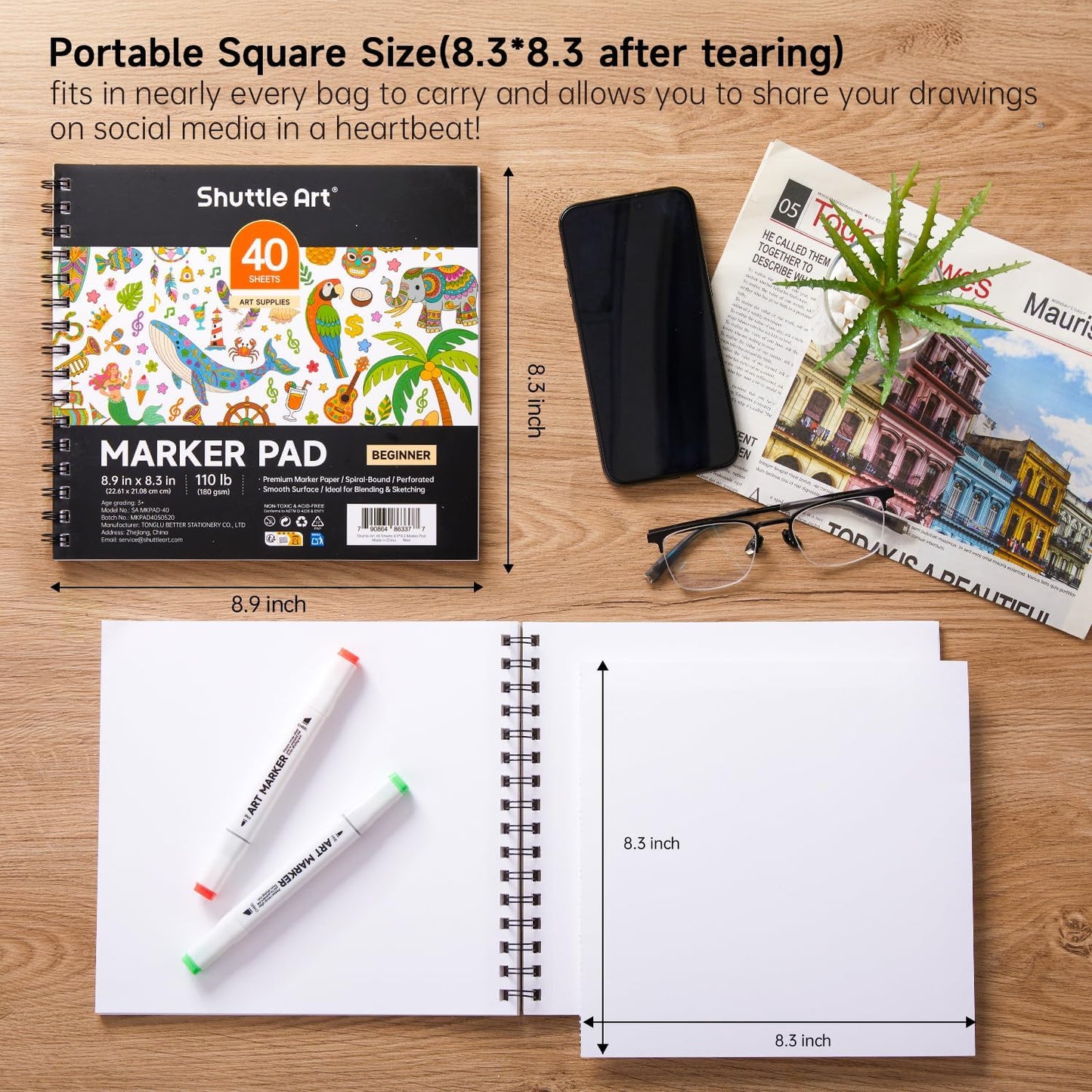 Shuttle Art Marker Pad, 8.9”x8.3” Portable Sketchbook, 40 Sheets Marker Drawing Paper, 110LB/180GSM Smooth Surface Bleedproof Art Paper, Spiral-Bound, Great for Beginners to Draw, Paint & Sketch