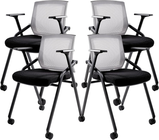 Conference Room Chairs, Folding Office Desk Chair with Lumbar Support and Sliding Armrest with Casters, Stackable Office Guest Chairs & Reception Chairs(4 Pack)