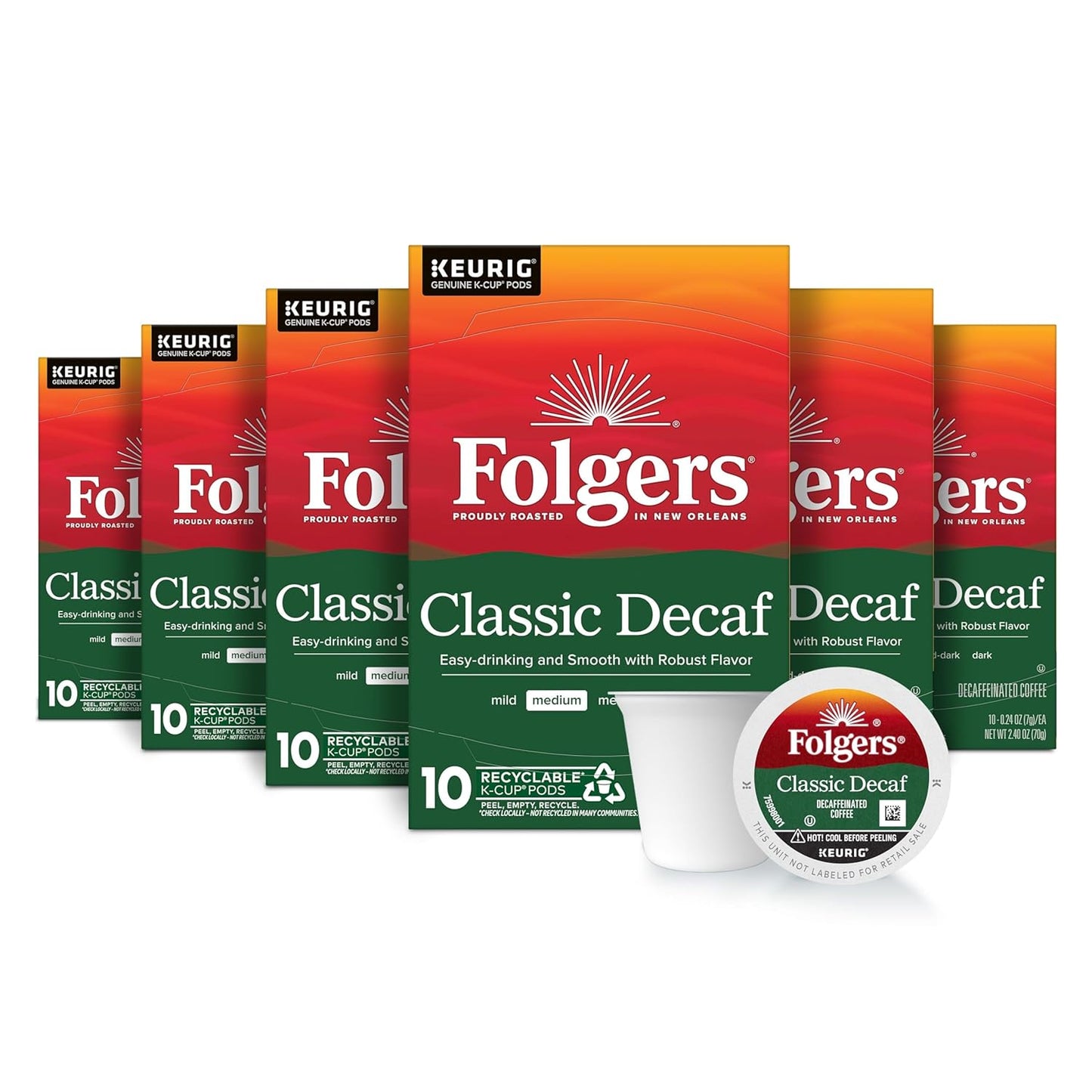 Folgers Classic Decaf Coffee, Keurig K-Cup Pods, 10 Count Box (Pack of 6)