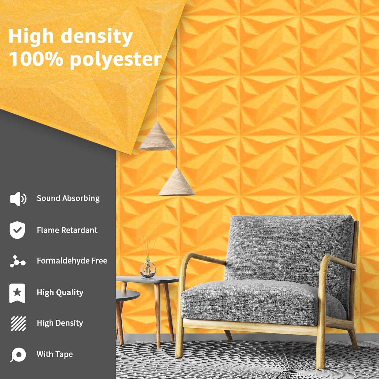 Art3dwallpanels Acoustic Panels 20 Pack Soundproof Wall Panels Sound Dampening Panels, 3D Wall Panels Sound Absorbing Panels, 12" X 12", Yellow with Tape