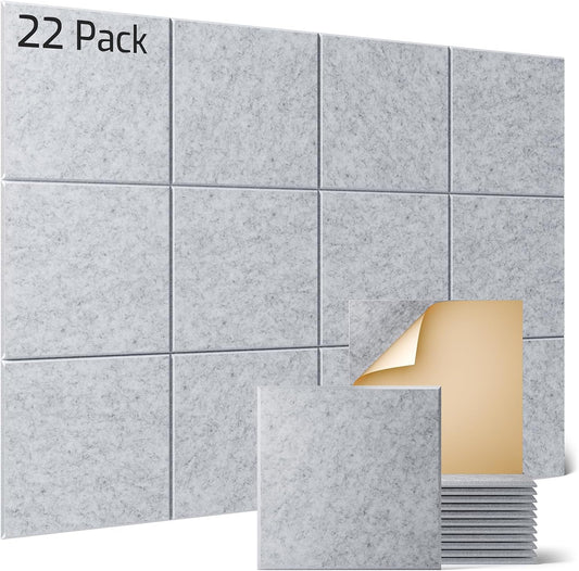 Sonicism 22 Pack Acoustic Wall Panels with Self-Adhesive, 12" X 12" X 0.4" Sound Proof Foam Panels, Decorative Soundproof Wall Panels, Sound Proof Absorbing Tiles for Home & Offices, Silver Gray