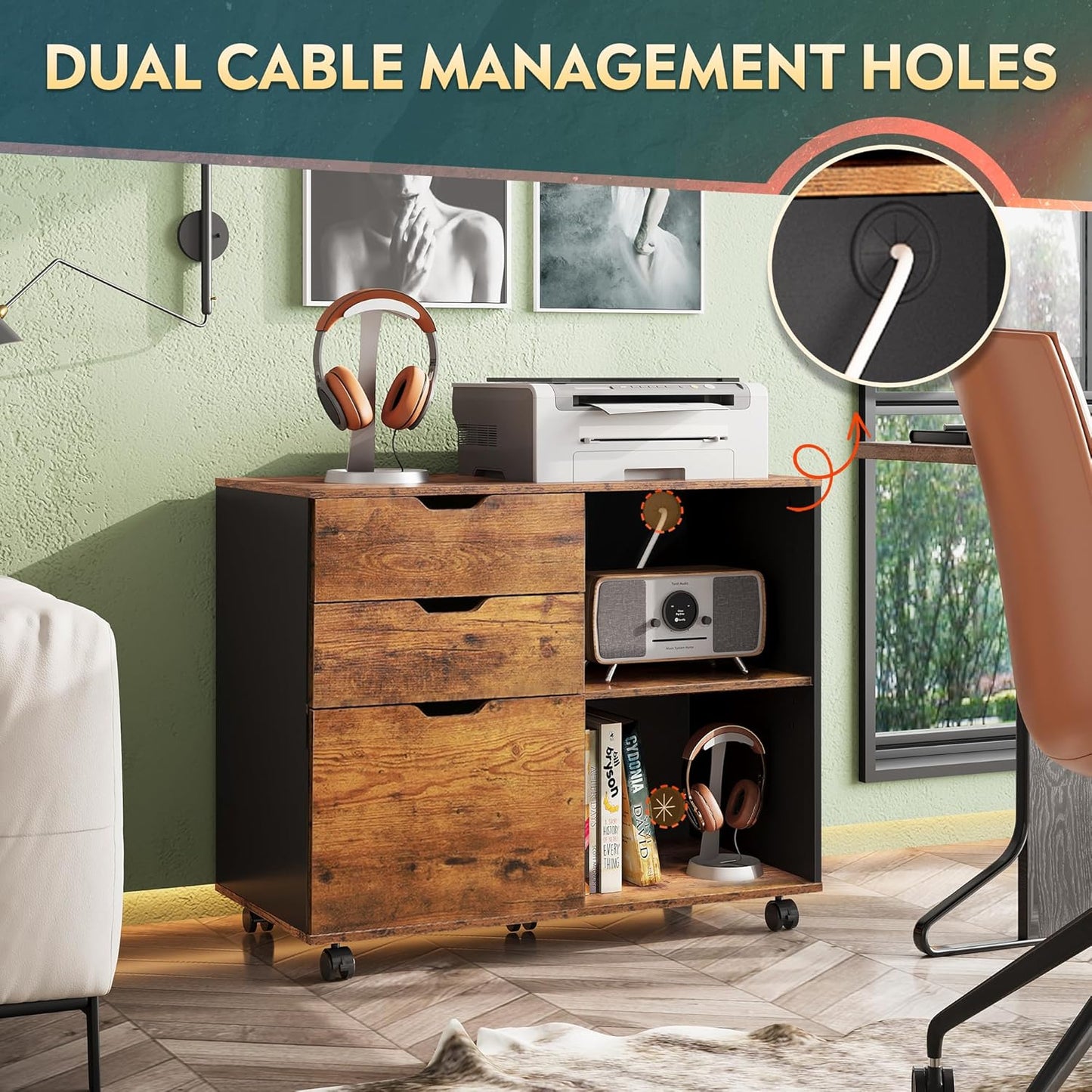 DEVAISE 3-Drawer Wood File Cabinet, Mobile Lateral Filing Cabinet, Printer Stand with Open Storage Shelves for Home Office, Rustic Brown