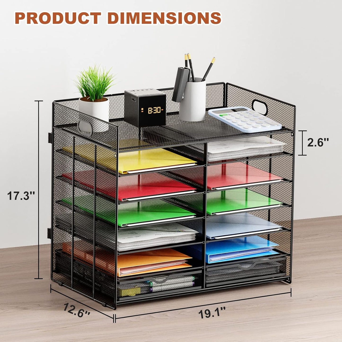 Marbrasse 7 Tier Desktop Literature Organizer, Mesh Paper Organizer, Desk Organizers with Drawer, File Sorter Mail Center Paper Storage Cabinet Classroom Keepers Mailbox for Office Home School (Black)