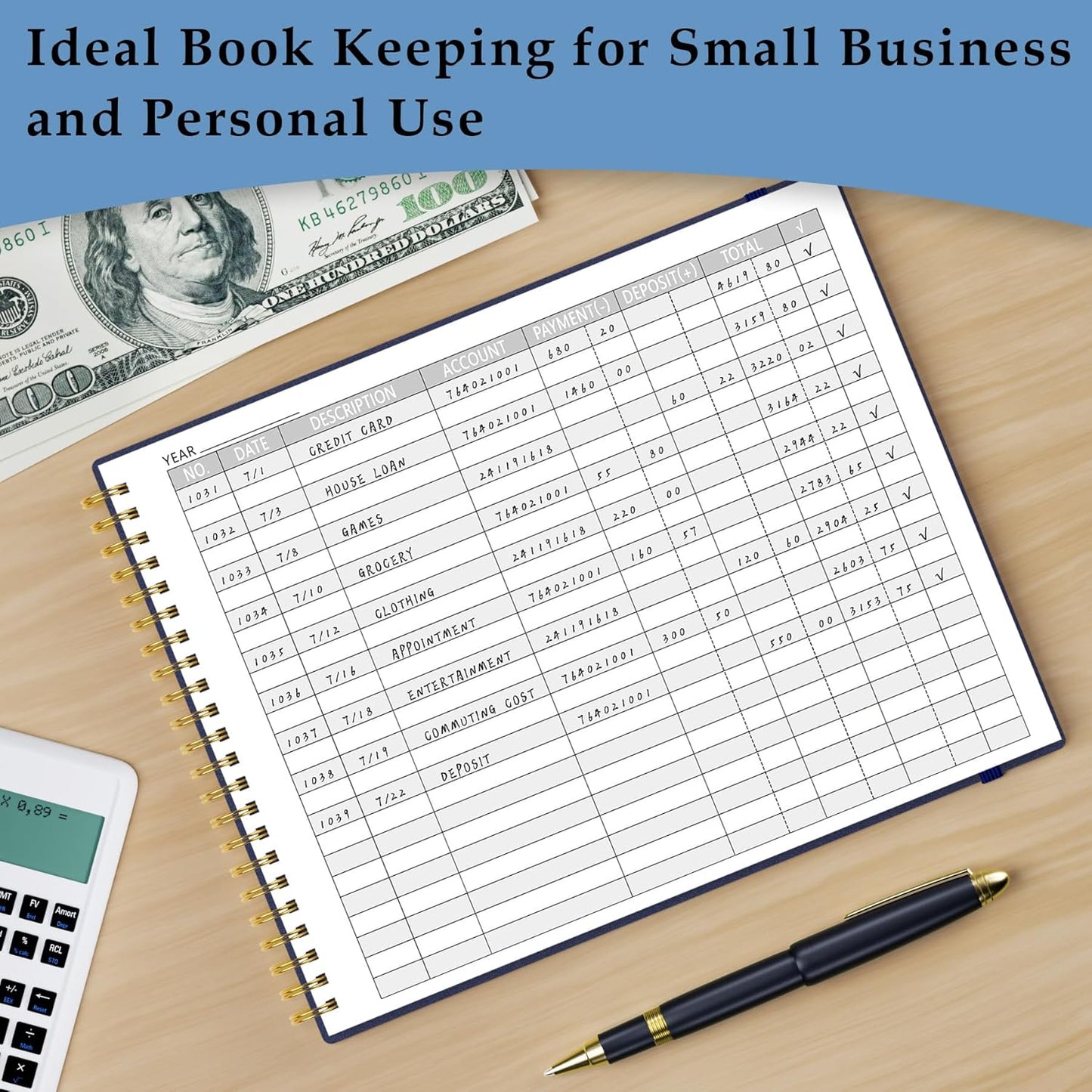 Accounting Ledger Book for Small Business & Personal Use, Horizontal Expense Tracker Notebook Ledger Book for Bookkeeping, Financial Income and Expense Log Book 10.2" x 8", Dark Blue