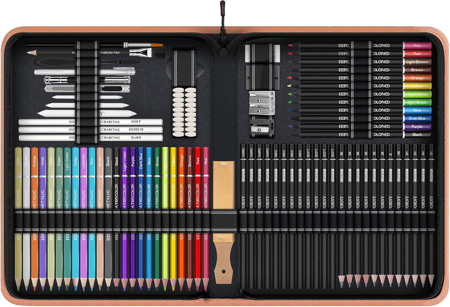 HIFORNY 100 PCS Drawing & Sketching Set, Professional Art Supplies with Graphite,Charcoal, Colored,Watercolor,Metallic Pencils,Blending Tools,Sketchbook and Coloring Book in Zipper Case (Pink)