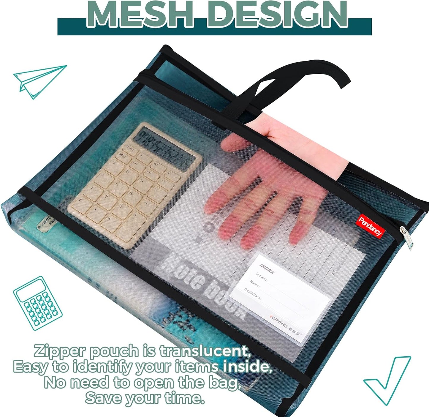 Pendancy Mesh Zipper Pouch A3 Size, Large Double Pocket Lightweight Nylon Transparent File Bag with Handle, 13x17 in Foldable Document Storage for Puzzle Project/Cross Stitch/Travel/Office (Black)