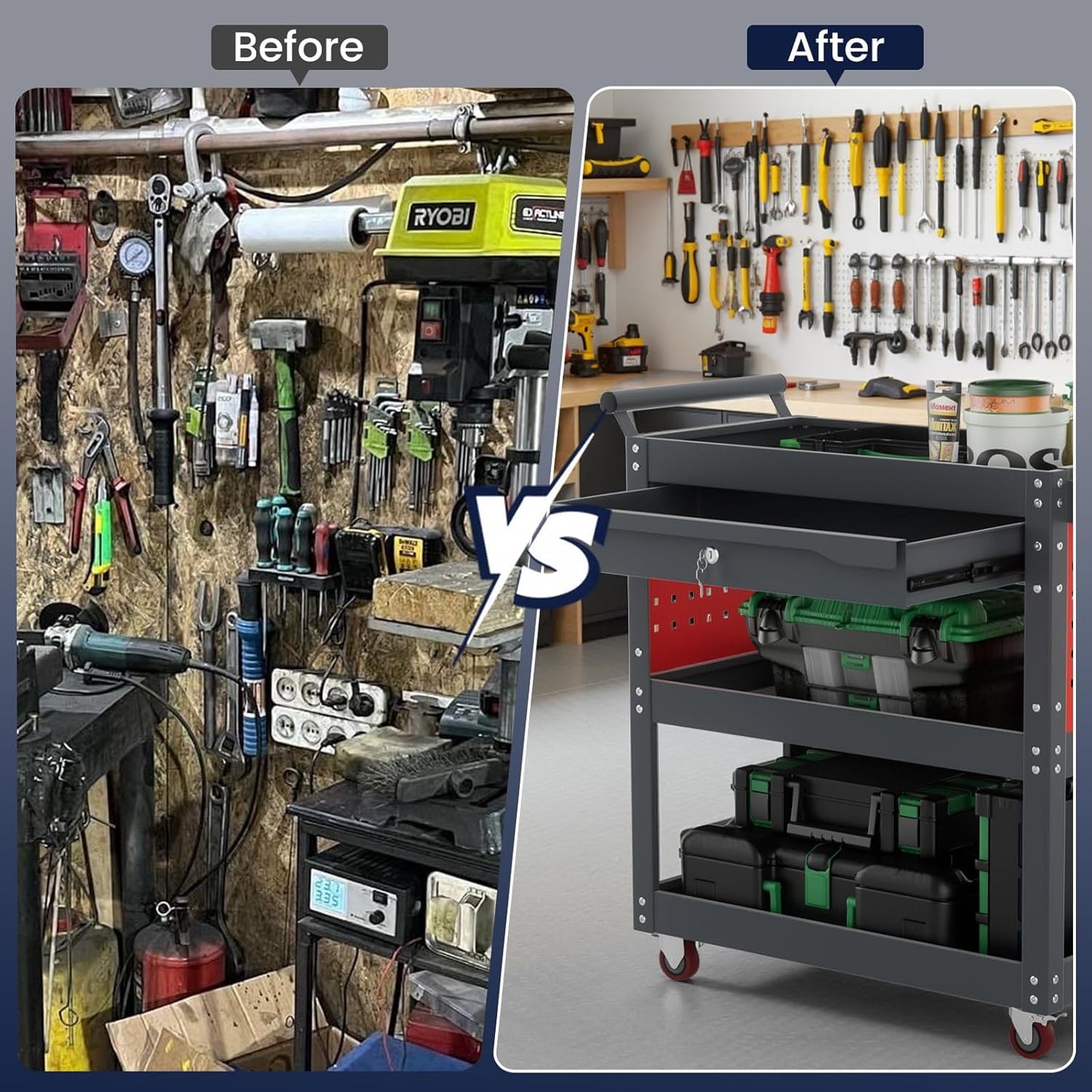 ALANNG 330 LBS Rolling Tool Cart with 1 Drawer & 3 Shelves | Heavy Duty Mechanic Cart Includes 7 Hooks, 2 Pegboards & Screw Organizer | Metal Service Cart for Garage Workshop (Grey, 1 Pack)