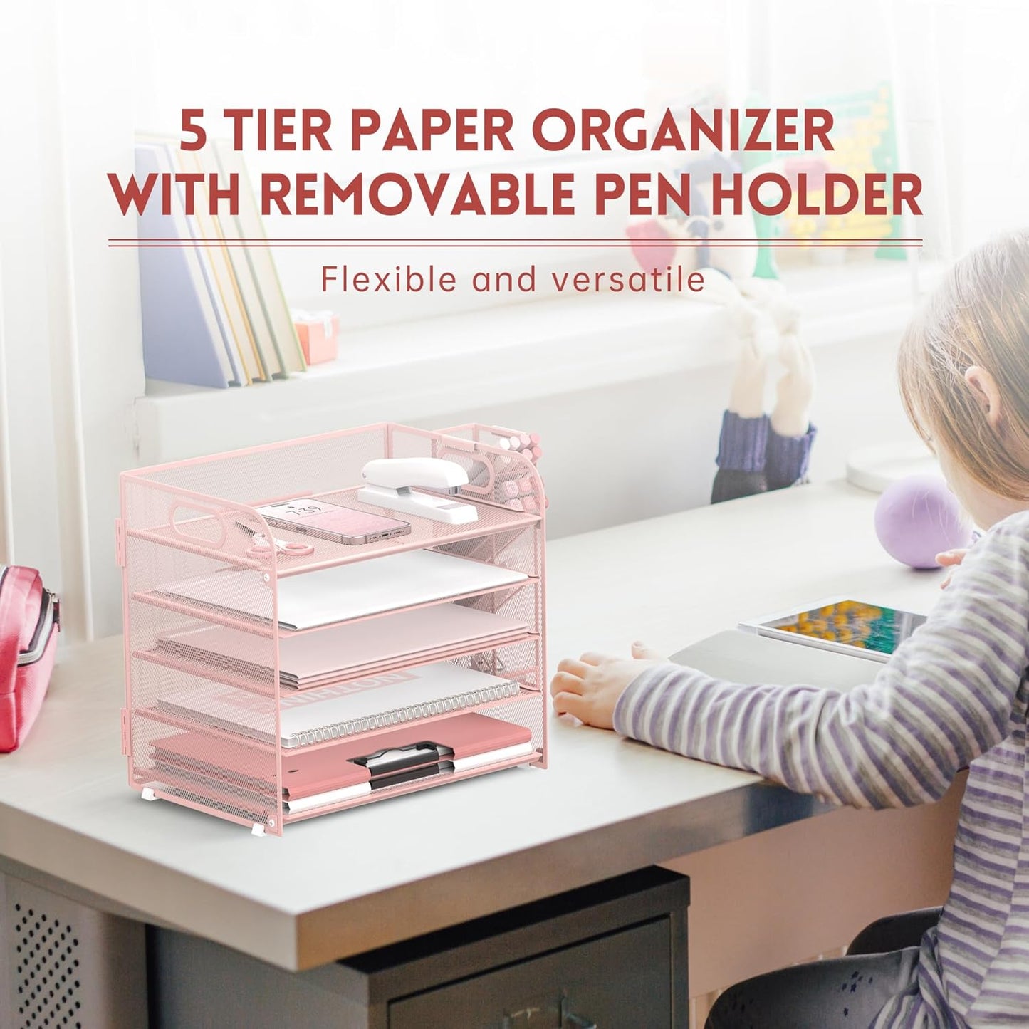 SUPEASY 5 Tier Desk Organizer with Handle & Removable Pen Holders, Mesh Paper/File Organizer for Desk, Paper Letter Tray Organizer for Office Supplies (Pink)