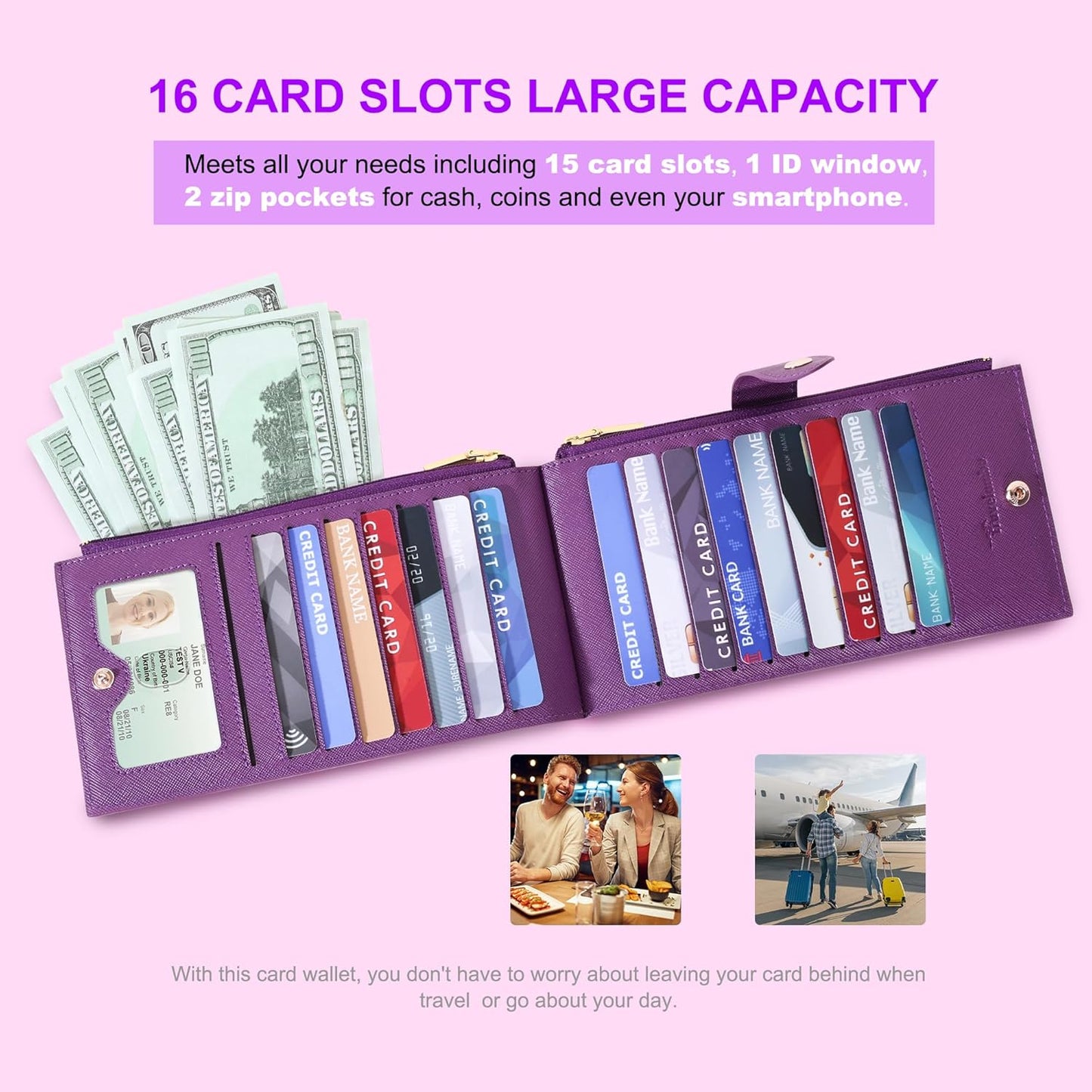 Travelambo RFID Wallet Women Large Size Bifold Multi Card Wallet Case with Zipper Pocke Credit Card Holder for Women