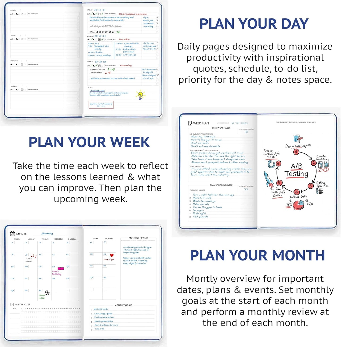Undated Daily Planner – 1-Year B5 Productivity Organizer with Two-Page Weekly Spread, Goal Setting, Habit Tracker, Weekly & Monthly Pages – Hardcover Time Management Notebook (Blue)