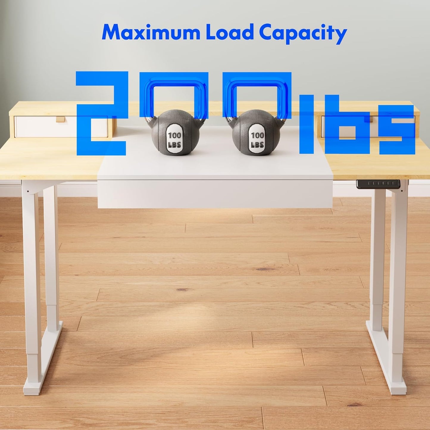 FLEXISPOT 4-Leg Standing Desk with Storage 71x32 in Electric Adjustable Height with 3 Drawers & Shelving Home Office Workstation (White + Maple Top)