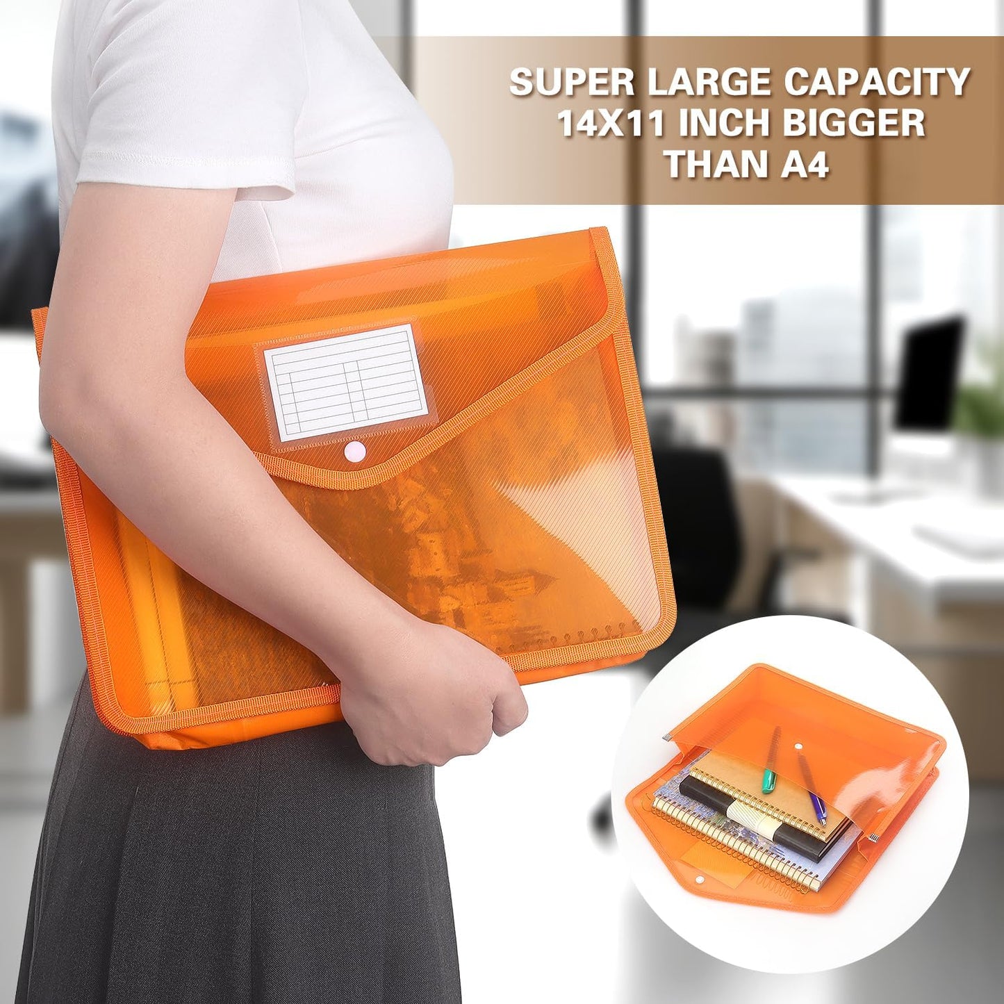 Plastic Expanding File Folder, Transparent envelopes with Snap Closure, No Dividers, Large Capacity, Fit Letter/A4 Size (Orange)