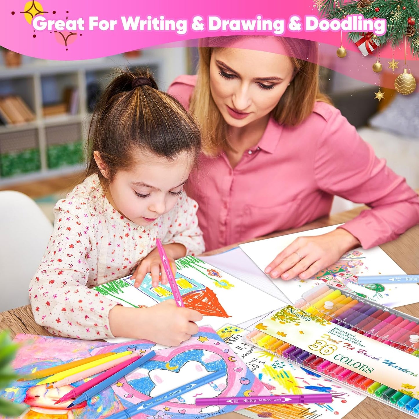 Niutop 36 Colors Fine & Brush Tip Dual Tip Coloring Marker Pens, Doodle Art Markers for Adult Coloring Books, Calligraphy Journaling, Art Supplies for Kids 9-12