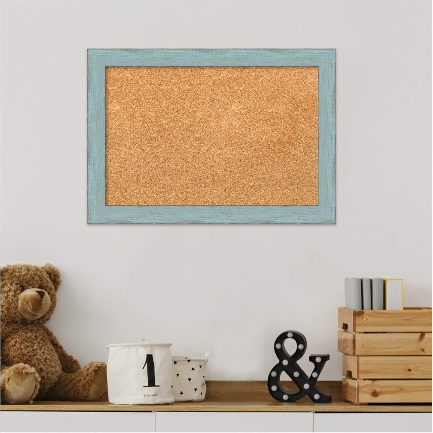 Amanti Art Natural Cork Board for Wall, 14x20 Vision Board with Blue Wood Frame, Small Corkboard Office Decor for Home Organization, Rustic Farmhouse Corkboard Pinboard to display items for home