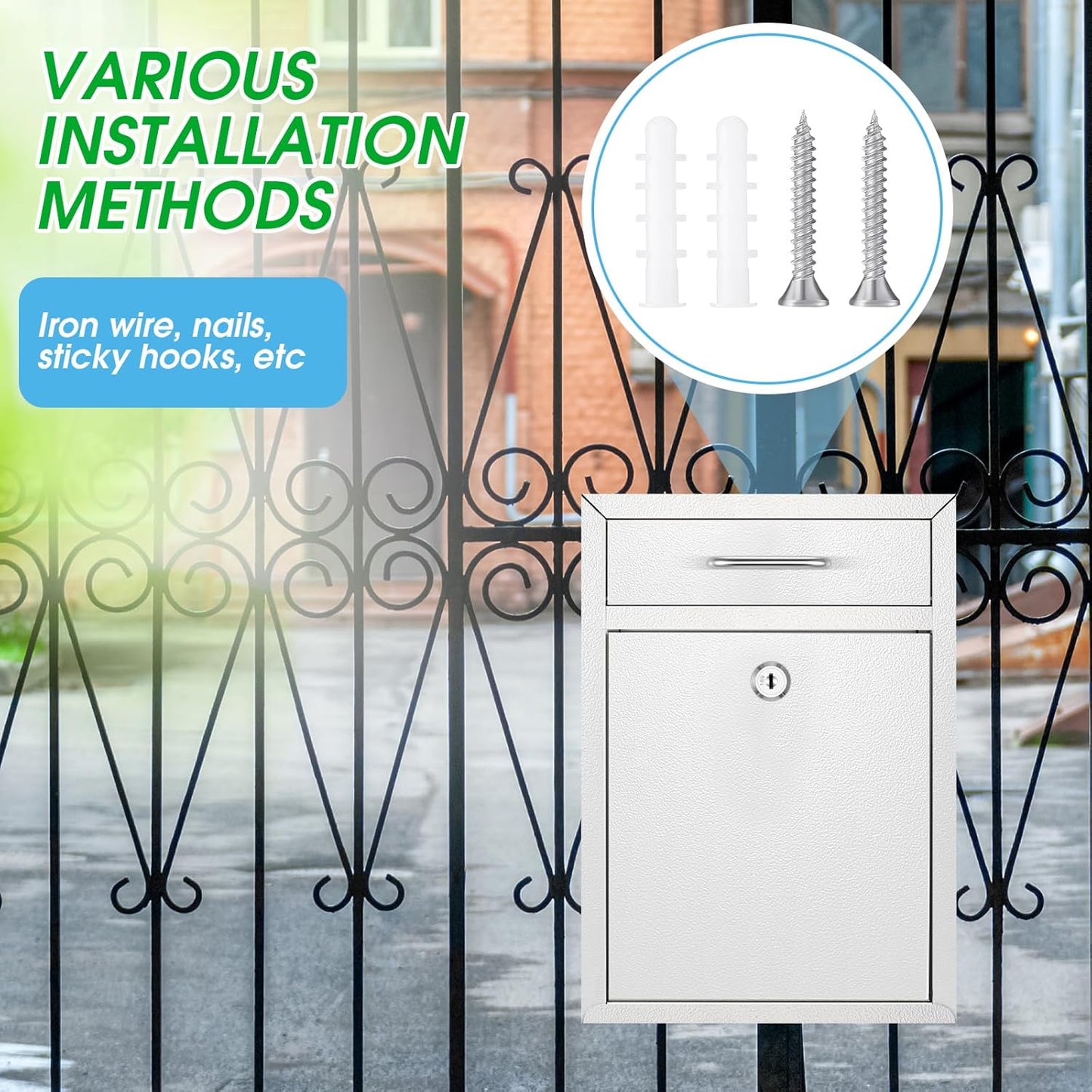 Locking Mailbox with Key for Outdoor 12.2 x 8.5 x 3 Inches Large Wall Mount Mail Box with Lock Security Mail Drop Metal Collection Boxes Hanging Secure Postbox(Creamy White)