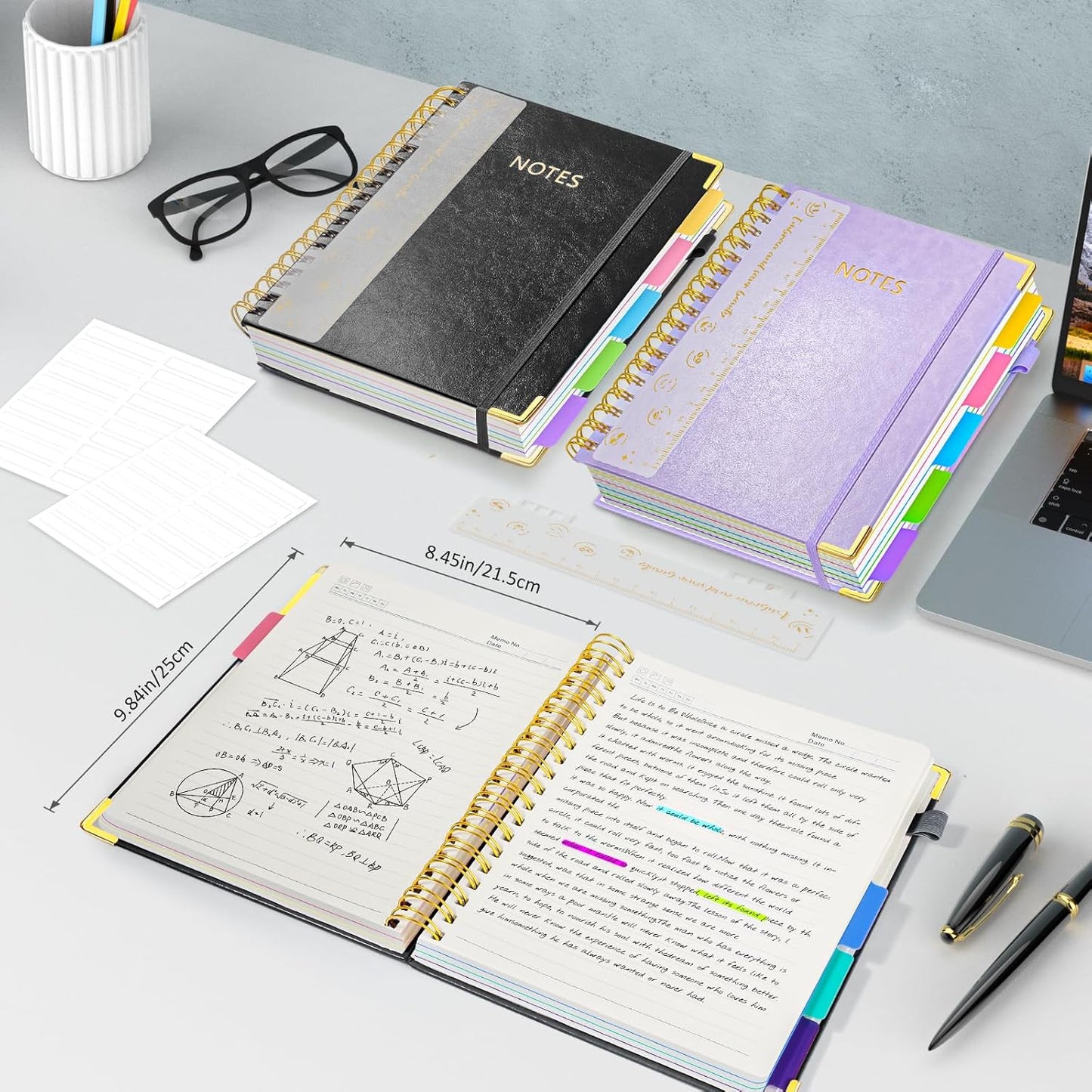 Hardcover Spiral Notebook Journal, 8"x10" Large B5 Notebooks with Removable Dividers Tabs, 300 Pages Leather 5 Subject Notebook College Ruled, Journal for Work School Note, 100 GSM Thick Paper,Black