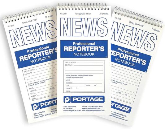 Portage Reporters Notebook – Top Bound Spiral Pocket Notepad, Steno Note Book, Perfect for Reporters & Journalists Taking Notes in the Field, Gregg Ruled 11/32" – 4 x 8 In, 70 Sheets,140 Pg, (3 Pack)