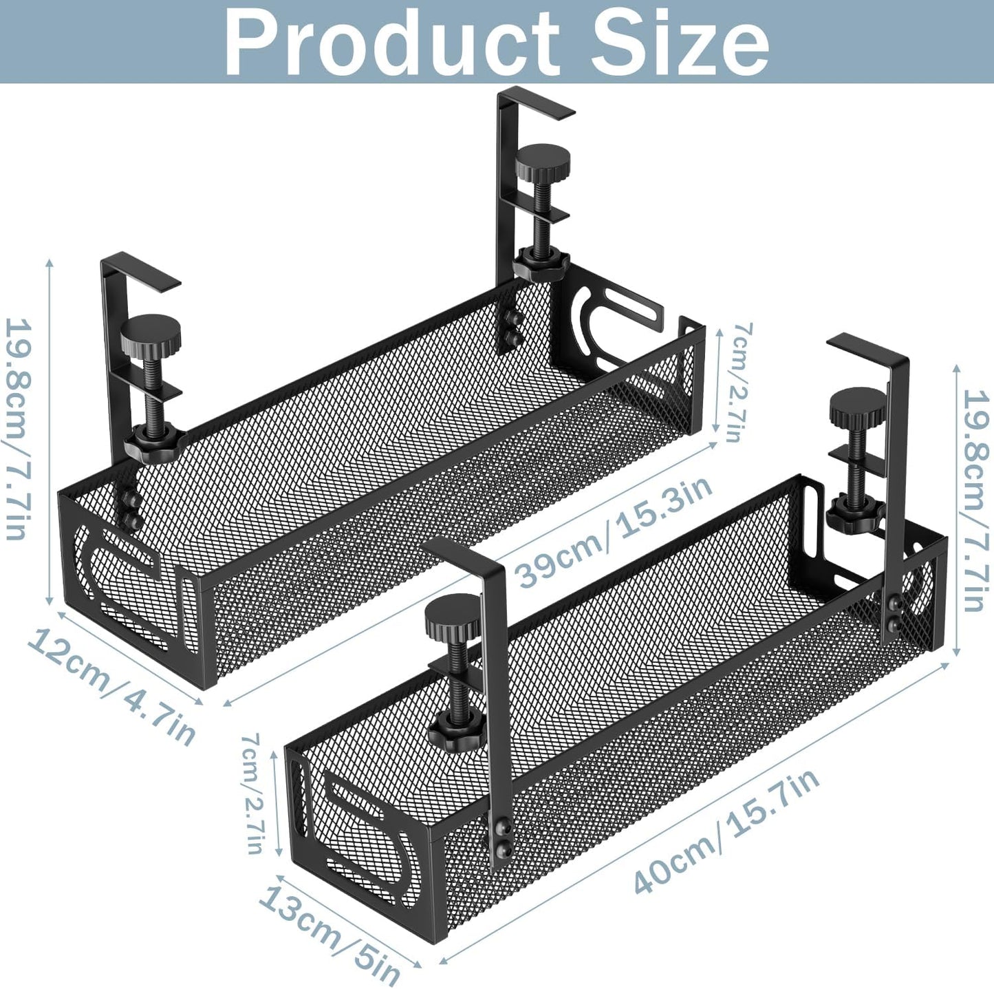 Cable Management, 2 Pack Cable Management Under Desk No Drill, Metal Cord Organizer with Clamp for Standing Desk, Cable Organizer for Home Office, Black