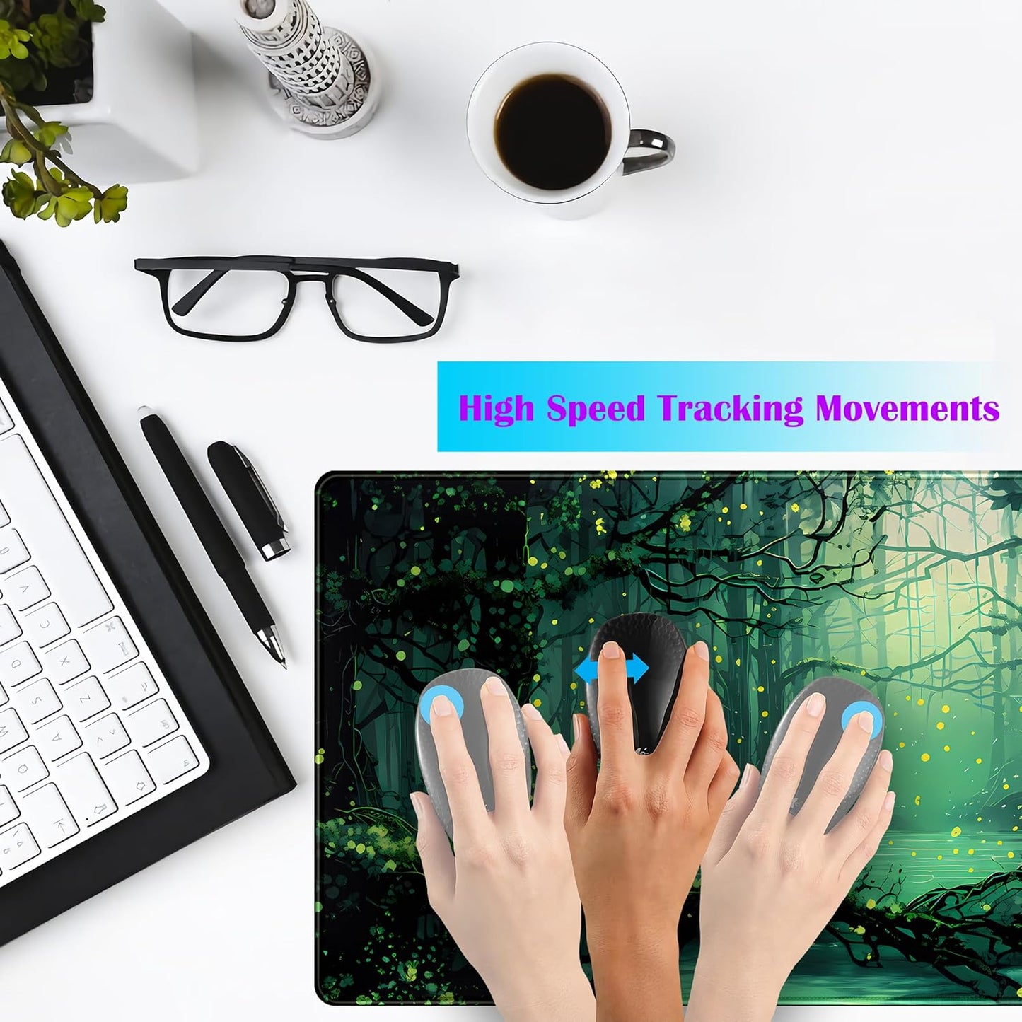 Kawaii Green Forest Desk Pad Mouse Pad Cute Black Cat Desk Mat, XXL Extended Anime Cats Large Gaming Mousepad, Computer Keyboard and Mouse Deskpad Decor Deskmat with Stitched Edges Mat 31.5x15.7 in