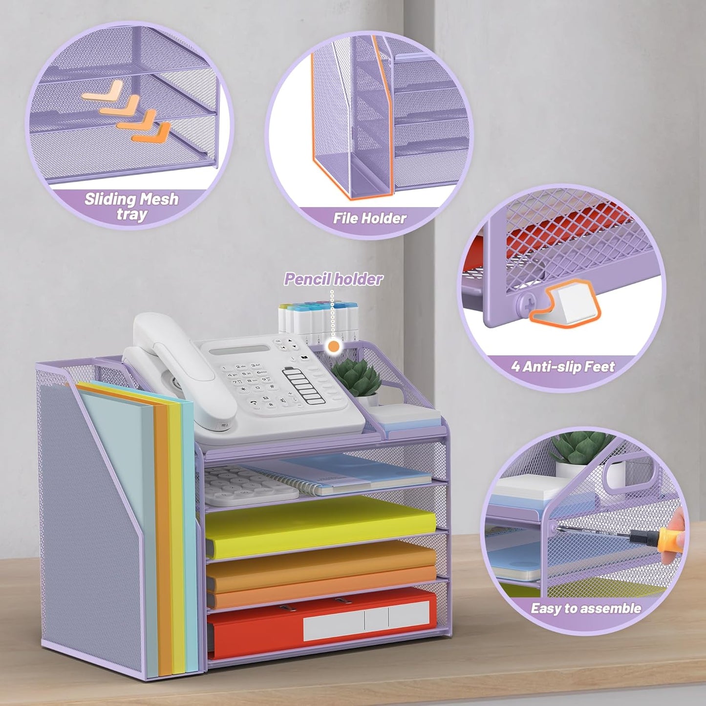 DocNest 5 Tier Paper Letter Tray File Organizer, Mesh Desk File with Handle, Workspace Desk Organizers with Pen Holder, Office Organization Storage Accessories - Purple