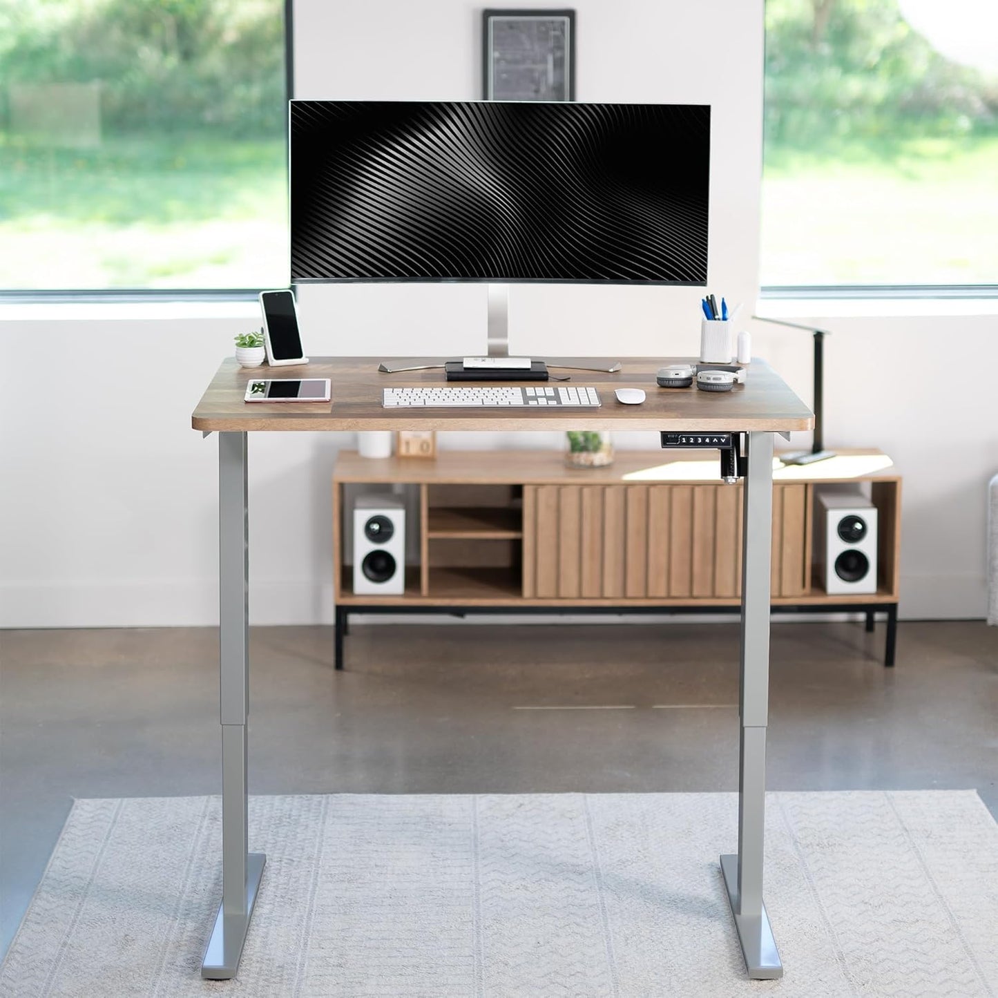 VIVO Electric 48 x 30 in Standing Desk, Memory Height Adjustment, 1B Series, One-Piece Reclaimed Wood Top, Gray Frame, DESK-KIT-1G5P