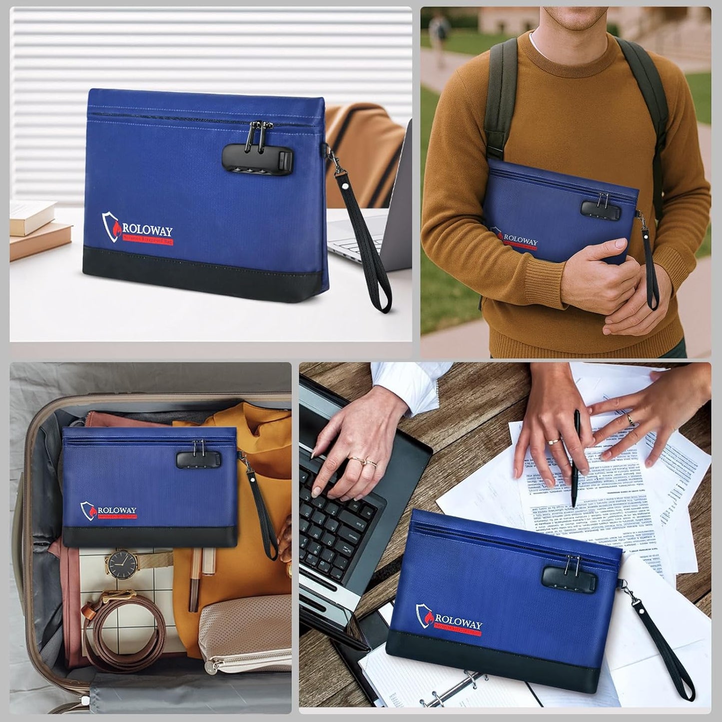 ROLOWAY Fireproof Money Bag with Lock for Cash, 6400°F Fire Proof Document Bag (12.2 x 8.5 x 1.6 inches), Money Pouch with Zipper (Blue)