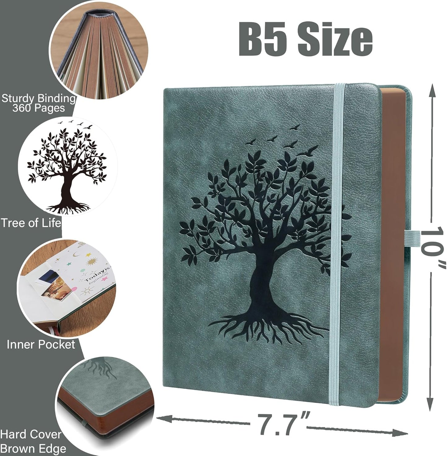 ZXHQ B5 360 Pages Lined Journaling Notebooks with Pen, Journals for Women Men Writing Notebook, Tree of Life Design, Brown Edge, Fine Inner Pocket - Grey