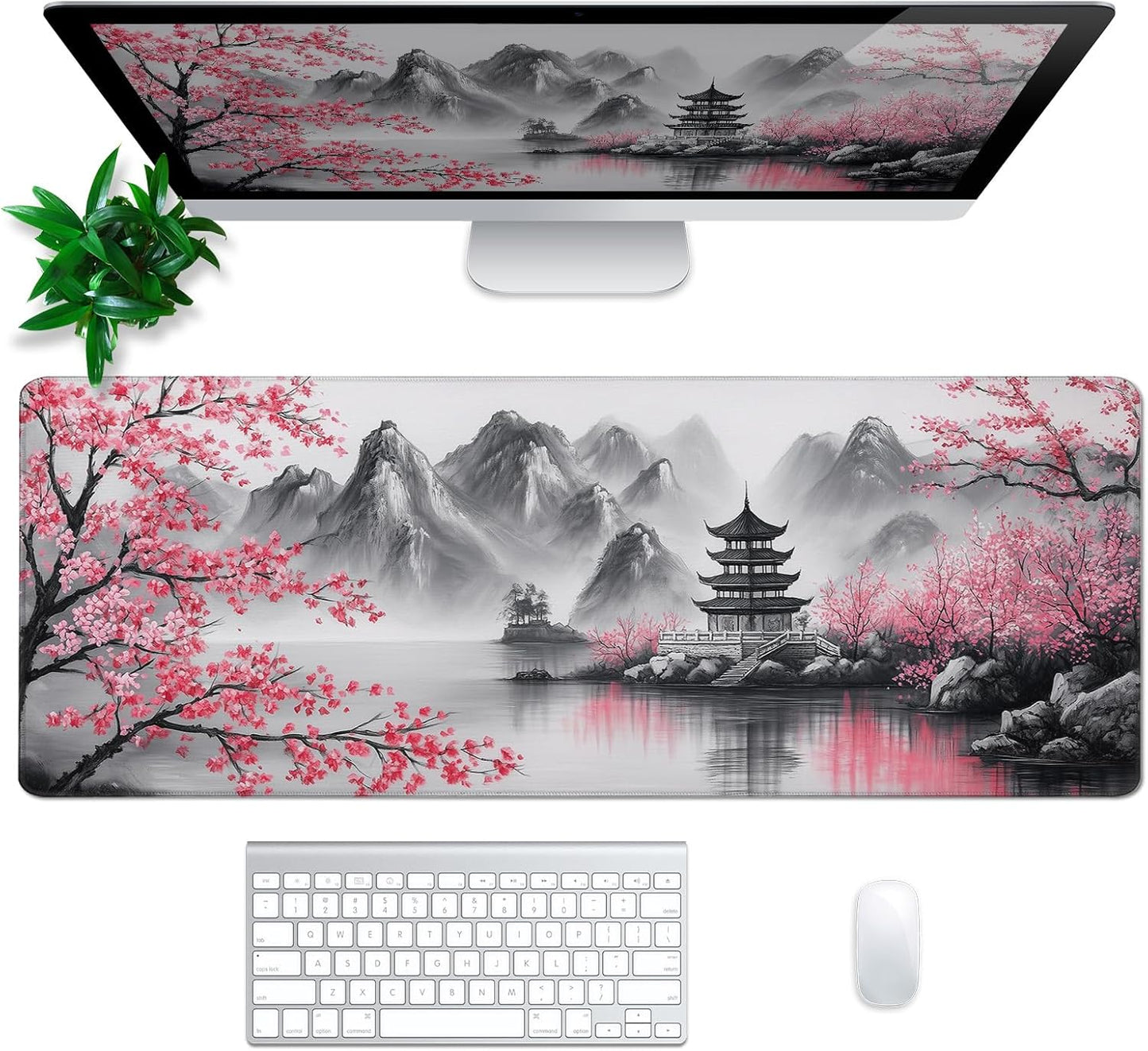 Retro Cherry Blossom Mouse Pad Abstract Big Mouse Pad 31.5x11.8 Inch Retro Texture Non-Slip Rubber Base Large Mousepad Stitched Edges Keyboard Mouse Mat Desk Pad for Office and Home