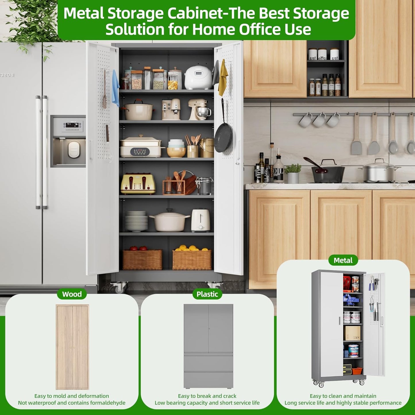 Aobabo Upgraded Garage Storage Cabinets with Wheels,Metal Storage Cabinets with 5 Adjustable Shelves for Garage Home Office Storage, Grey&White,71''H*32''W*16''D,Assembly Required