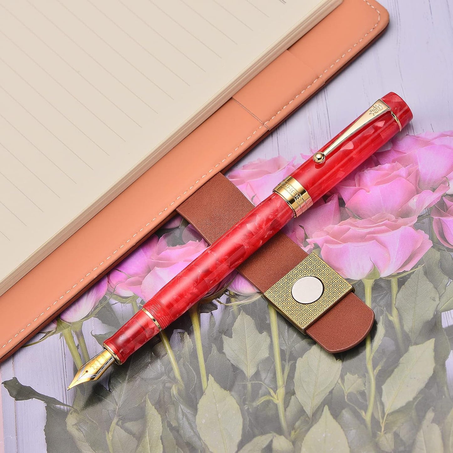 Jinhao 100 Fountain Pen Celluloid Classic Style, #6 Nib Smooth Writing Instrument with Refillable Converter and Pen Case Set