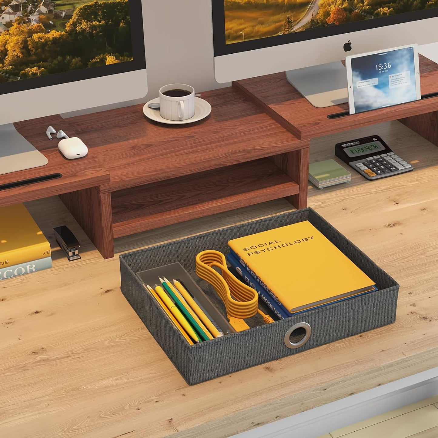 WESTREE Dual Monitor Stand Riser with Drawer - Adjustable Length and Angle, 2 Phone Hold, Desktop Organizer for Computer/Laptop/PC/Printer