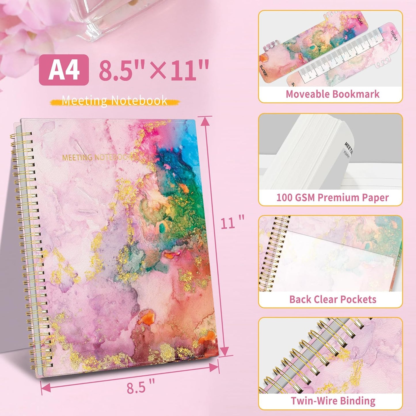 SUNEE Half Meeting Half Note - 8.5"x11" Professional Notebooks for Work - 160 Pages, A4 Size Project Planner, Spiral Meeting Agenda/Minutes Organizer for Women Men, Note Taking, Office & Business