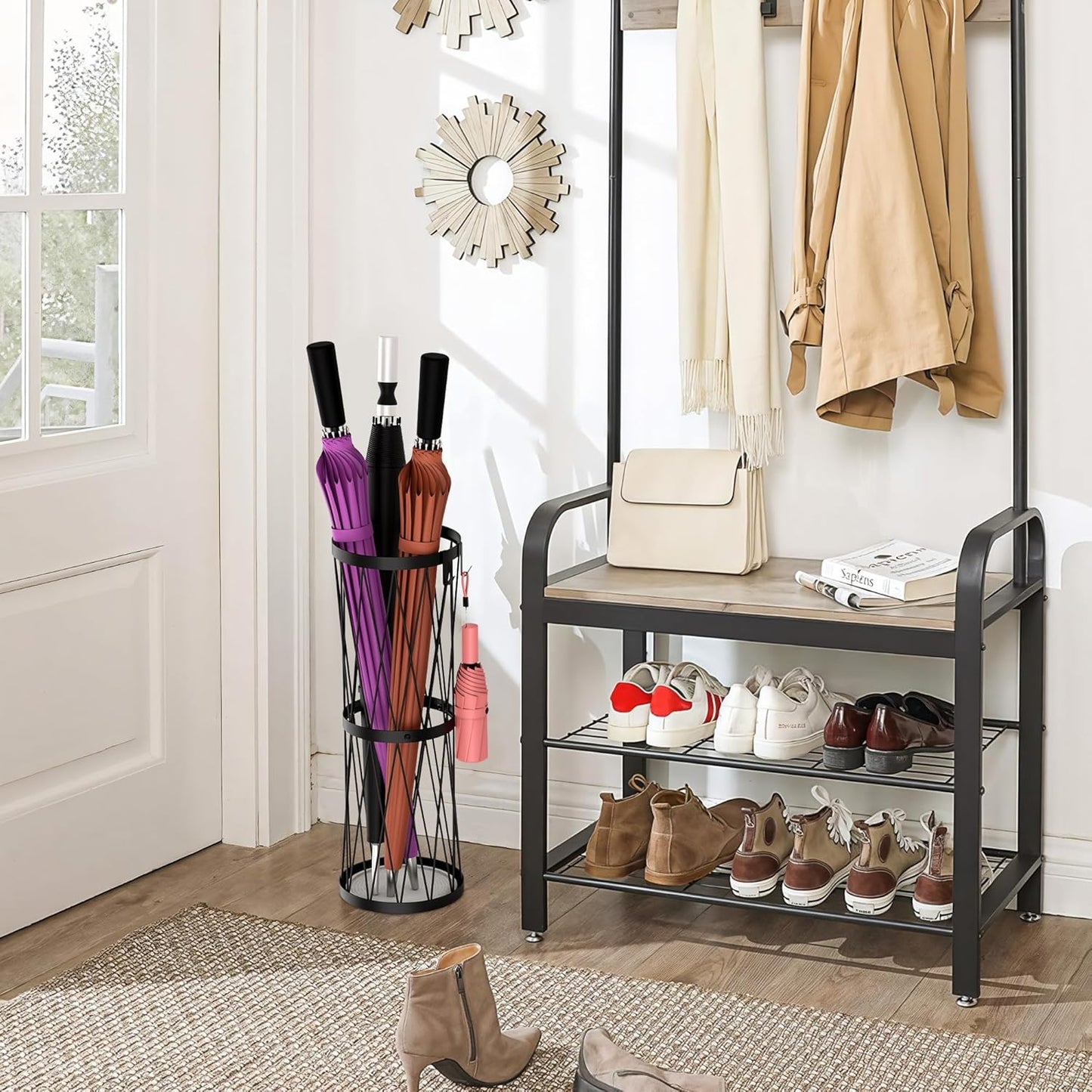 23 Inch Metal Umbrella Holder with Soak Stone and Hooks, Umbrella Stand for Entryway Indoor Outdoor, Umbrella Rack Storage for Home, Office, Hotel