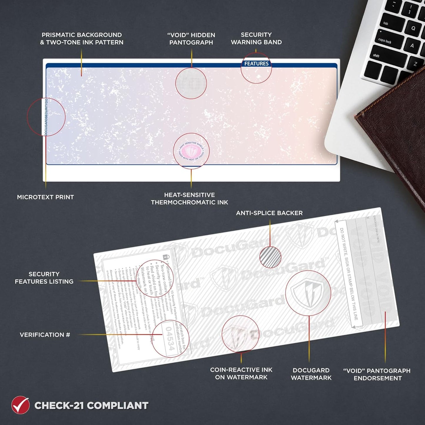 DocuGard Blue/Red Premier Prismatic Middle High Security Check Paper - Laser/Inkjet Printer Compatible - 13 Security Features - 500 Blank Business Checks (04534)