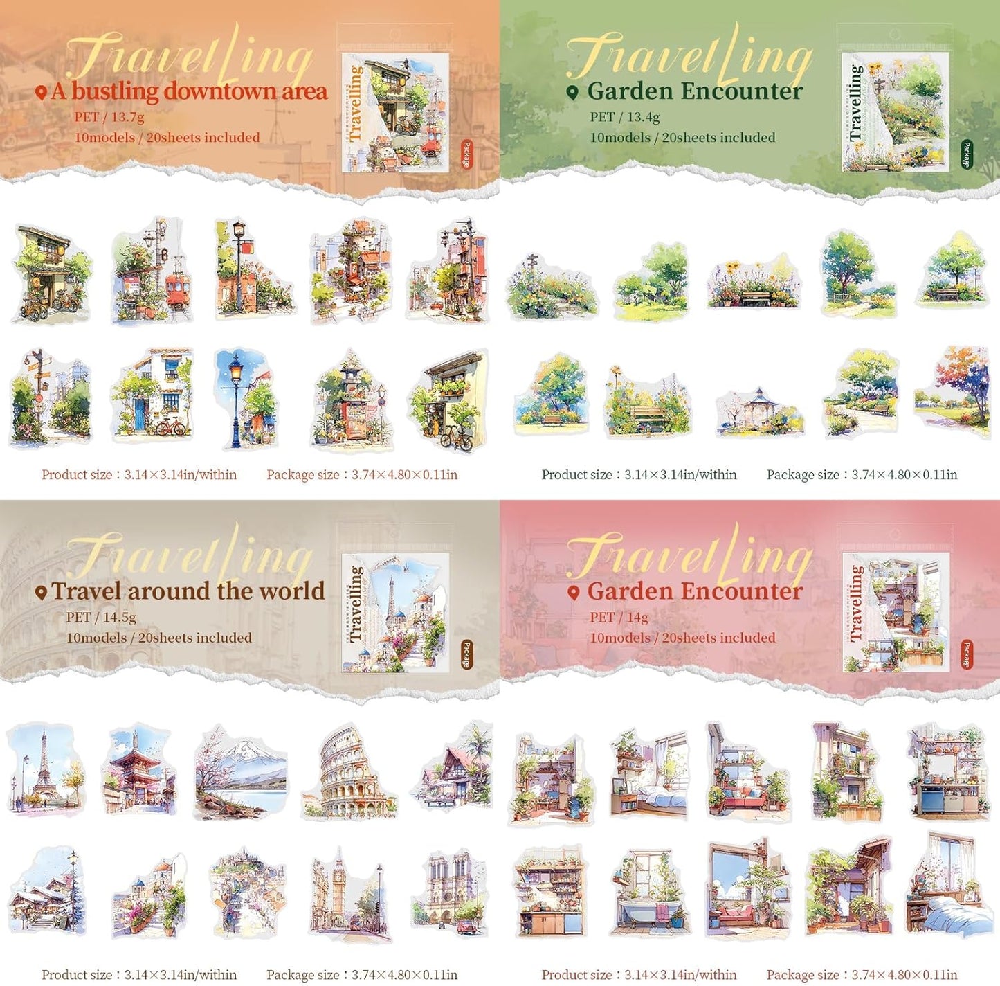 120 Pieces Vintage Traveling Landscape Creation PET Stickers, 6 Pack Aesthetic Decorative Stickers for Scrapbooking DIY Diary Junk Journal Handbook Album Decoration Journaling Scrapbooking Supplies