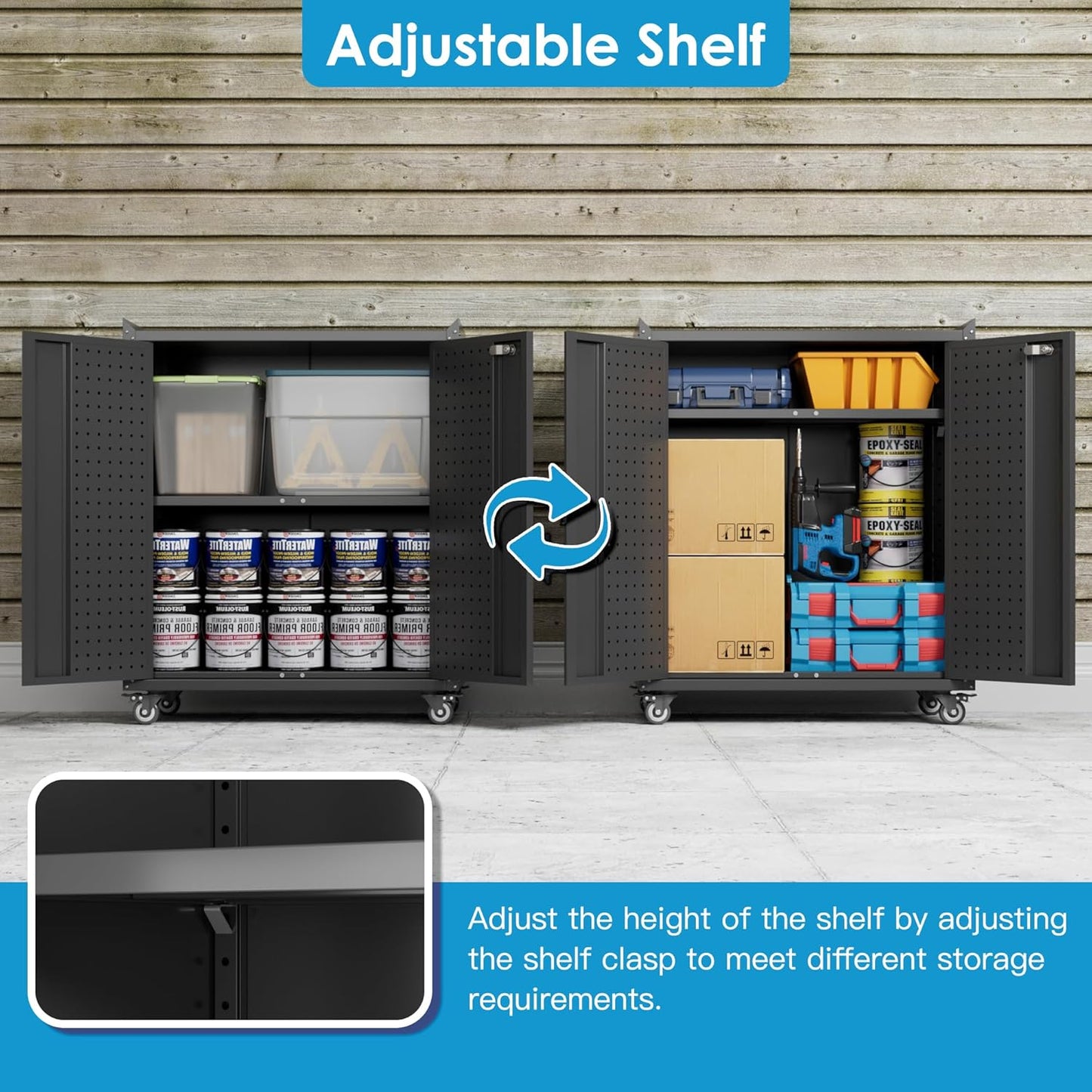 Aobabo 34.3" H Garage Storage Cabinet with Wheels,Lockable Metal Storage Cabinet with 2 Doors for Garage Home Office Storage,Black,Assembly Required