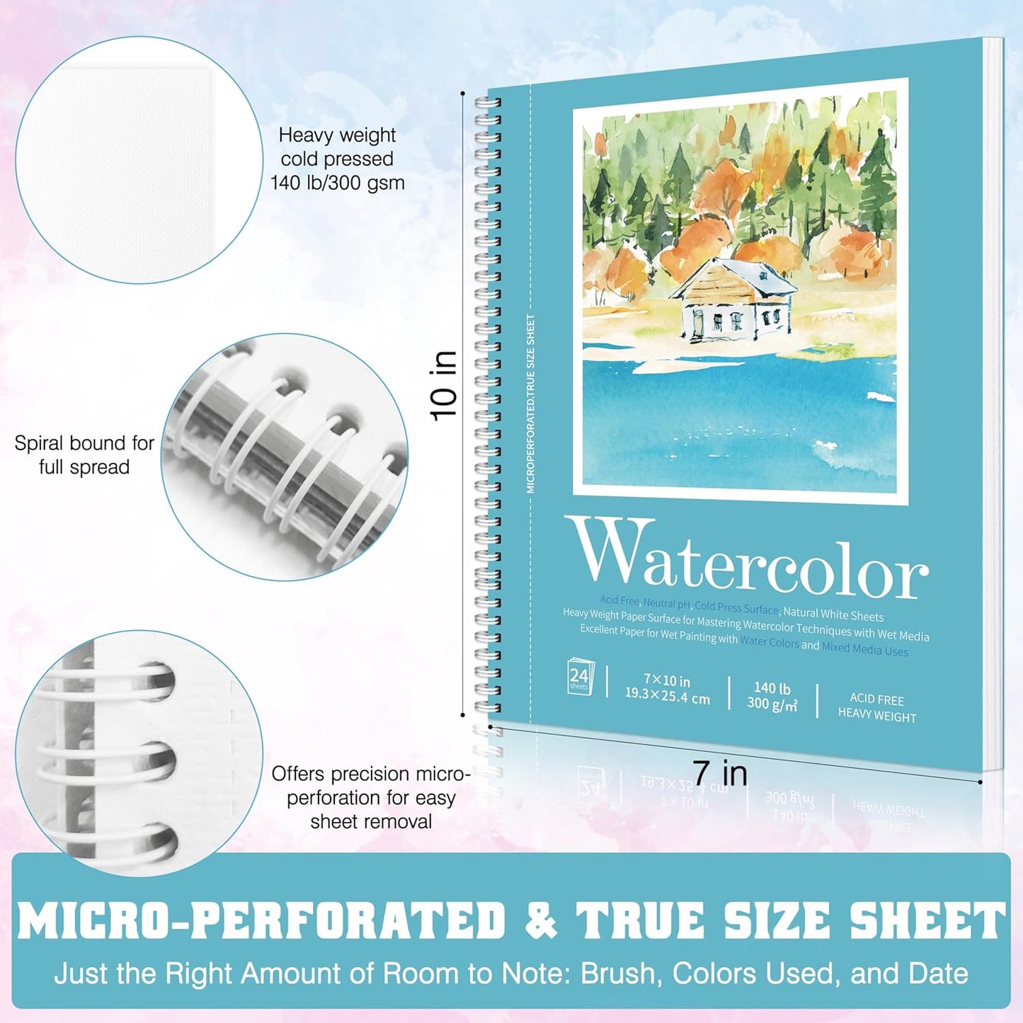Watercolor Paper Pad, Watercolor Sketchbook 7" x10” 140lb/300gsm, Spiral Bound Water Color Pad Journal and Sketchbook for Adults & Kids, Markers and Art Journaling