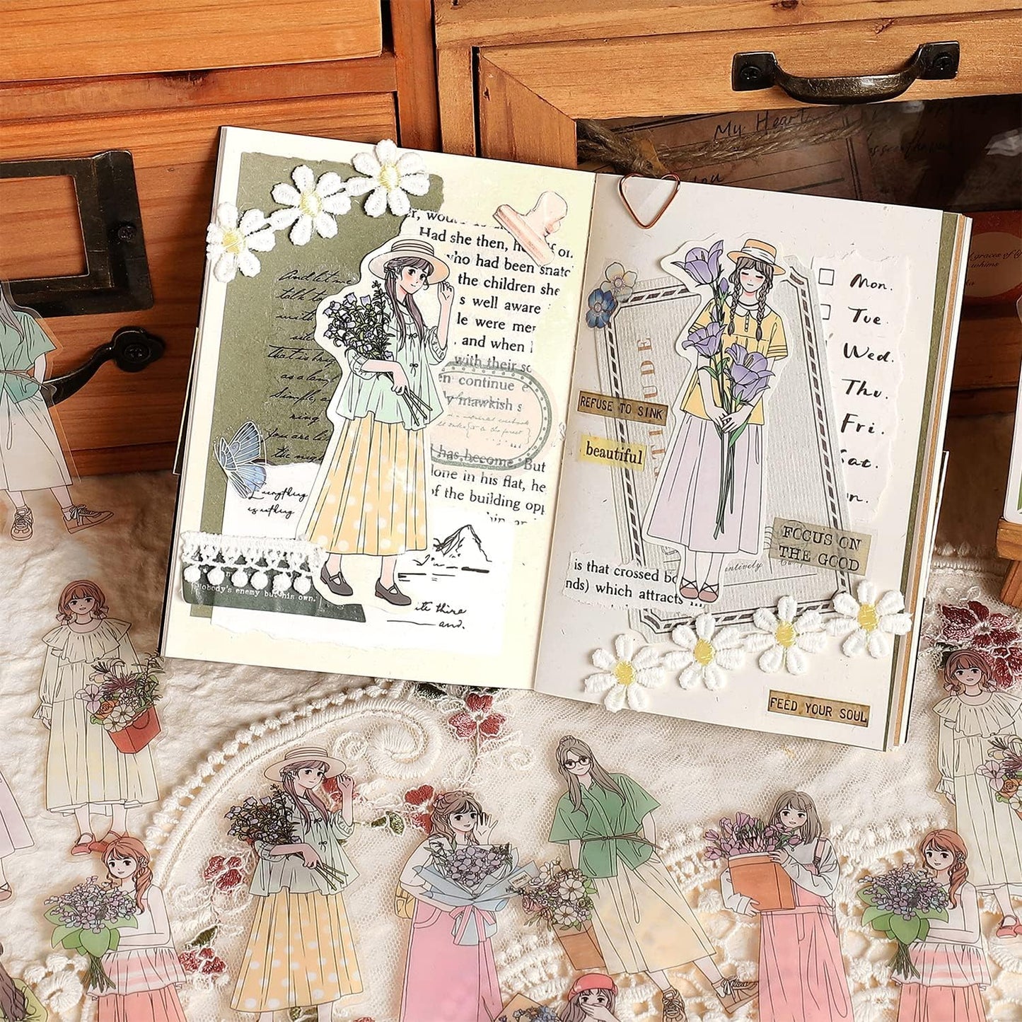 Alideco 120pcs Scrapbook Stickers Kawaii Sweet Girls Flowers People Journaling Scrapbooking Junk Journal Crafts Embelishment Decoration Diary Stickers（xindongnvhai）