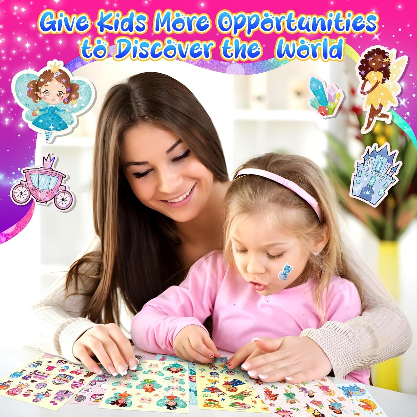 300+ Holographic Stickers for Kids, 15 Different Sheets of Fairy Tale Themed Glitter Kids Stickers, Princess, Mermaid, Dragon, Unicorn and More, Gifts for Toddlers Boys and Girls