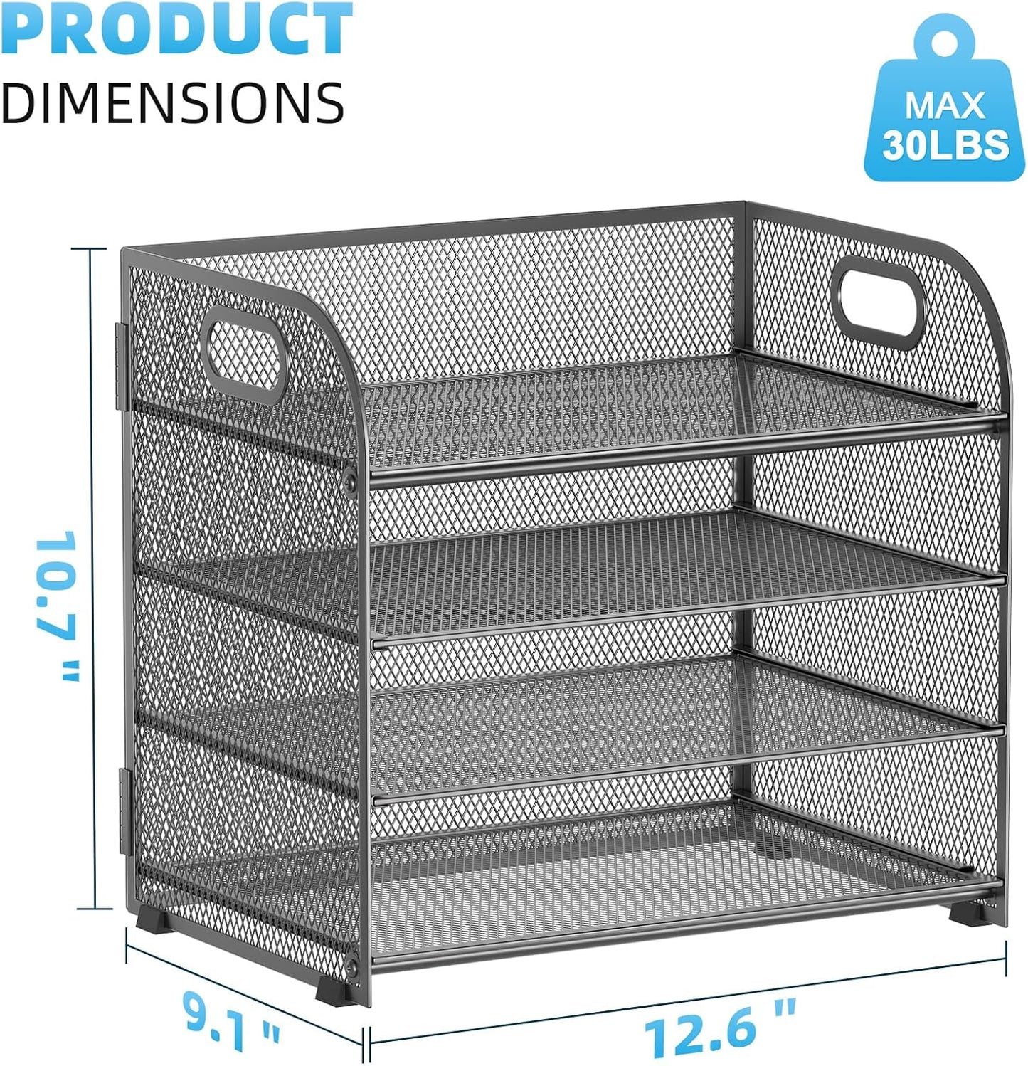 Marbrasse 4 Tier Paper Organizer Letter Tray - Mesh Desk File Organizer with Handle, Paper Sorter Organizer for Letter Office File Folder Holder (Grey, 12.6" x 9.1" x 10.7")