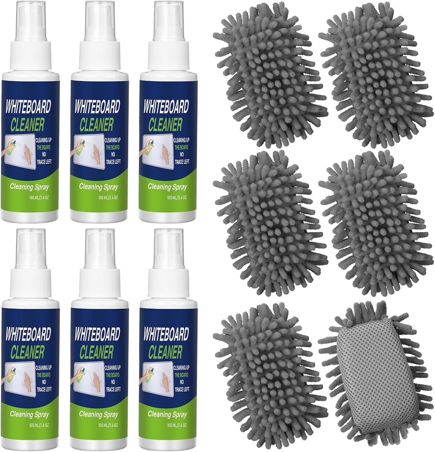6 Pack Whiteboard Cleaner 3.4 Fl oz White Board Cleaning Spray Dry Erase Board Cleaner with Microfiber Shag Whiteboard Eraser Removes Stubborn Marks from Whiteboard Chalkboard (Grey)