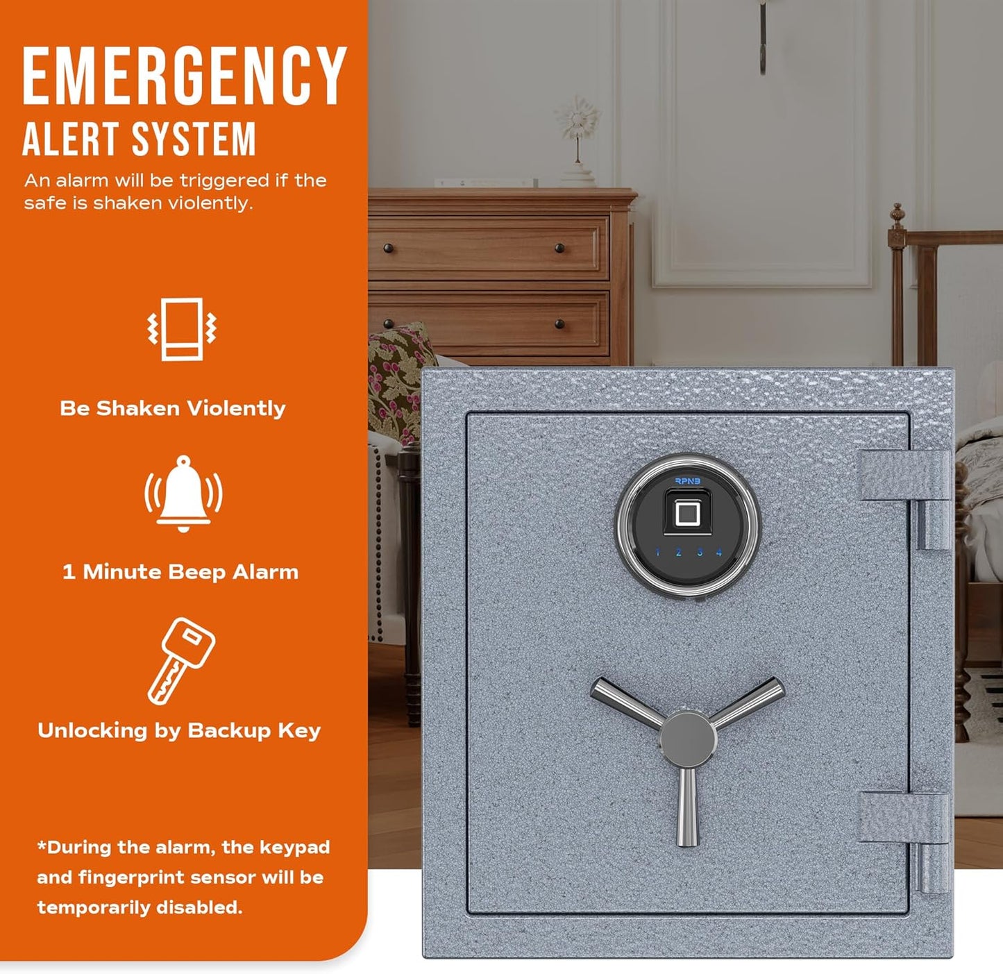 RPNB Deluxe Biometric Safe Box,Digital Fingerprint Fireproof Waterproof Safe with Touch Screen,Removable Shelf and 3 Spoke Handle,Home Safes for Cash Documents Jewelry,0.84 Cubic Feet,Gray