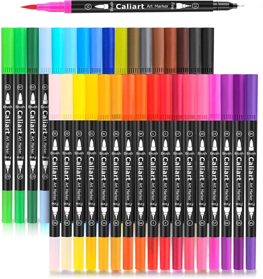 Caliart 34 Double Tip Brush Pens Art Markers, Aesthetic Cute Preppy Stuff School Supplies, Artist Fine & Brush Pen Coloring Markers for Kids Adult Book Cards Drawing Craft Kit Teacher Office Supplies